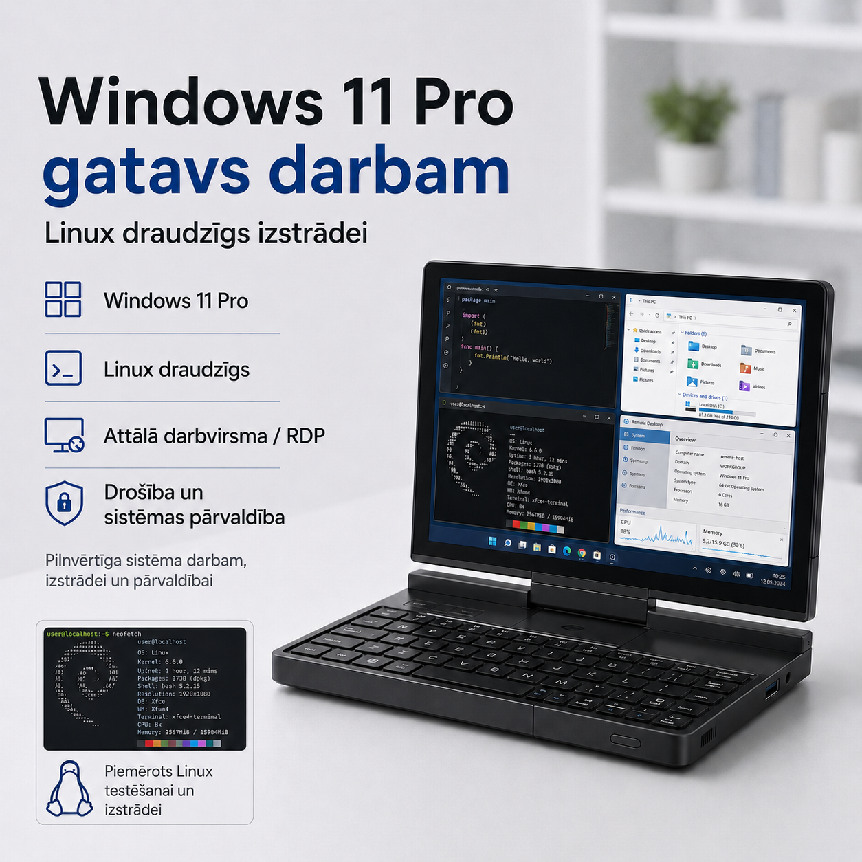 Kabatas izmēra mini klēpjdators ar Windows 11 Pro un 7 collu skārienekrānu