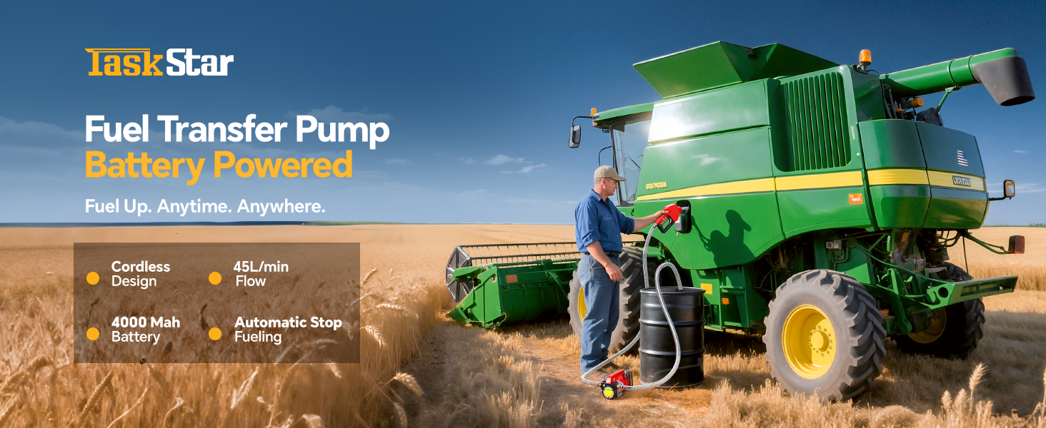 Text reads 'Task-Star' and 'Fuel Transfer Pump'. Wide landscape shot of green agricultural equipment being used in a wheat field during harvest.