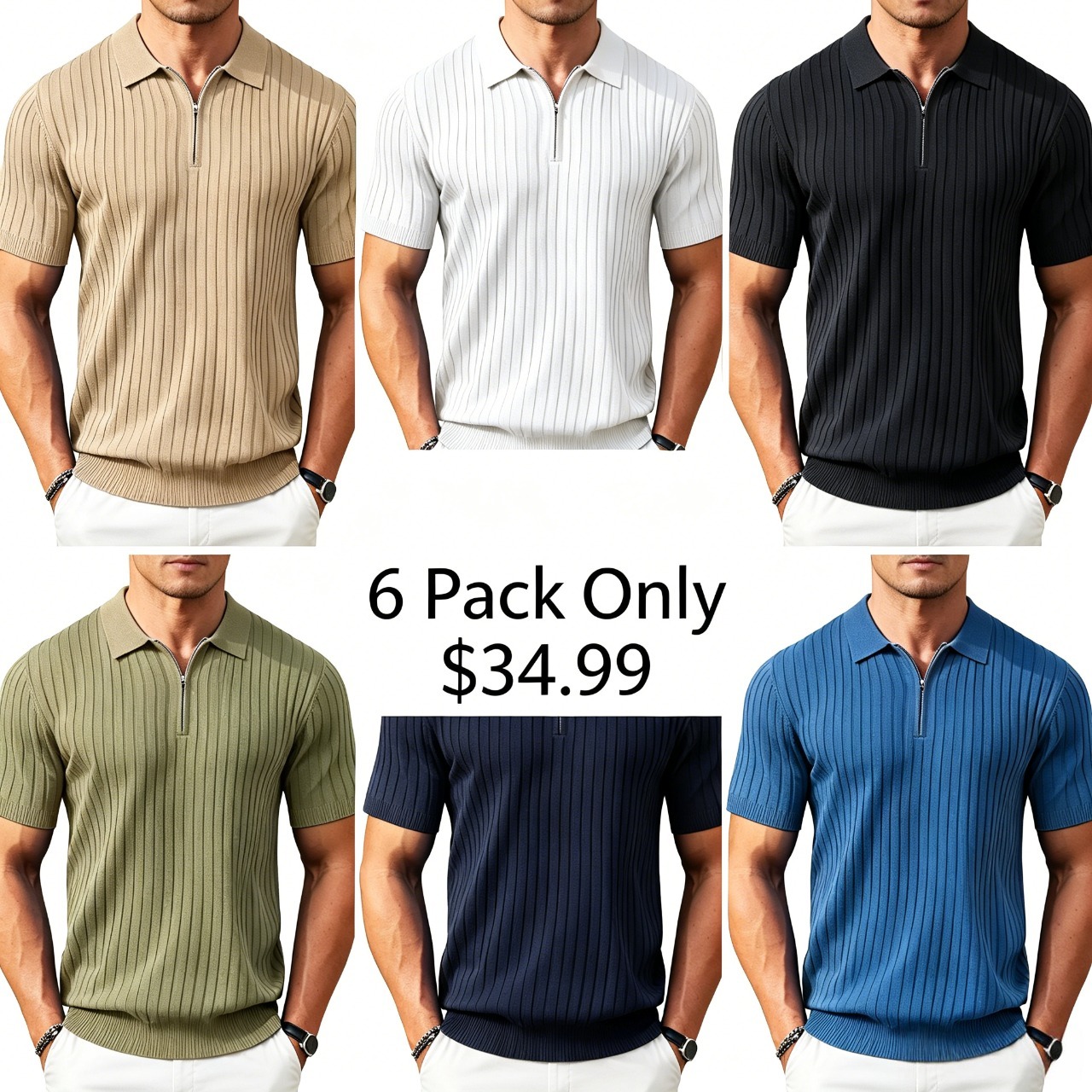 Men's Ribbed Knit Zip Polo Shirt 6-Pack | Premium Casual Summer Tops