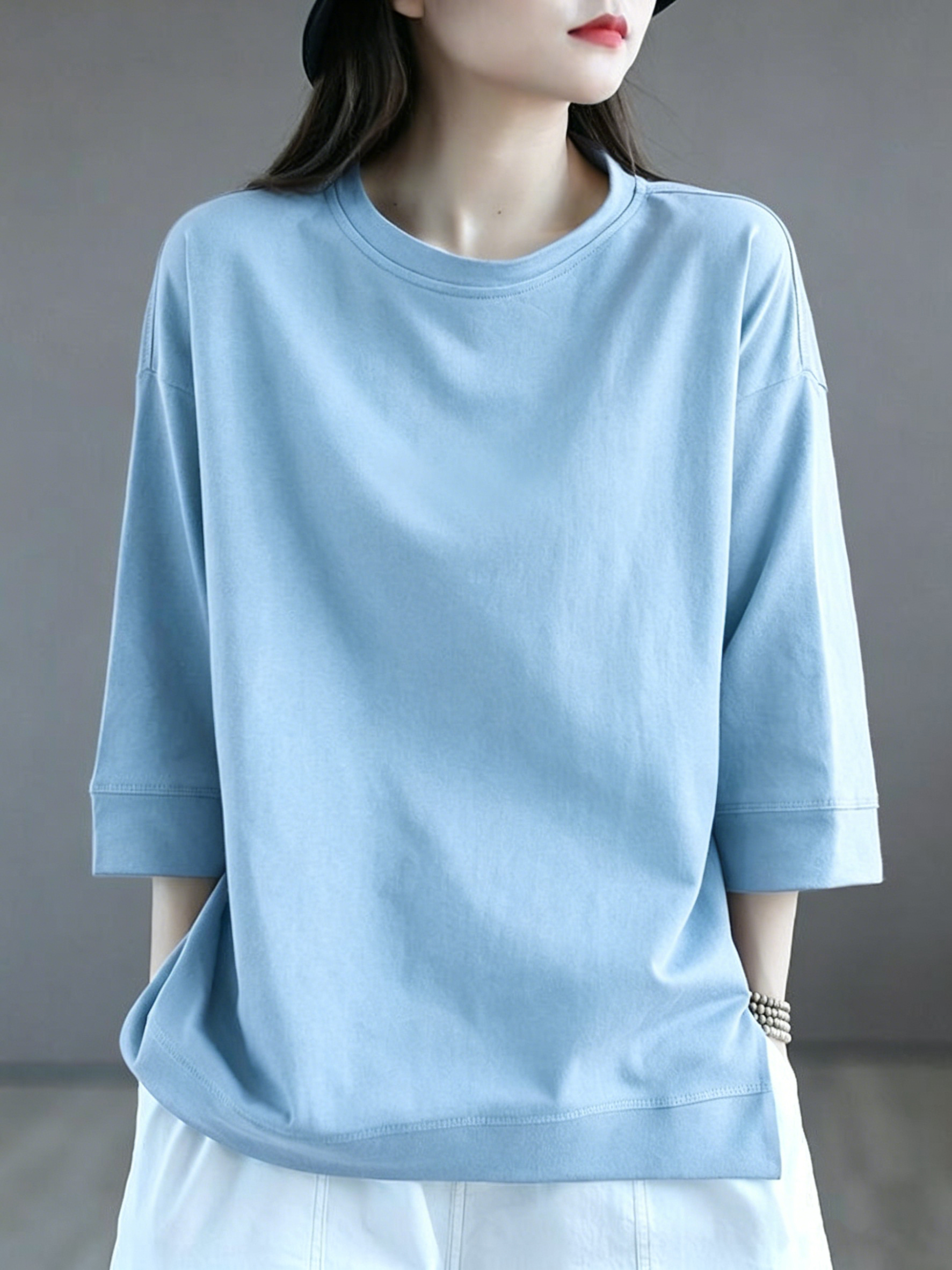 Women's Oversized Cotton Blend 3/4 Sleeve Crew Neck Casual Tee