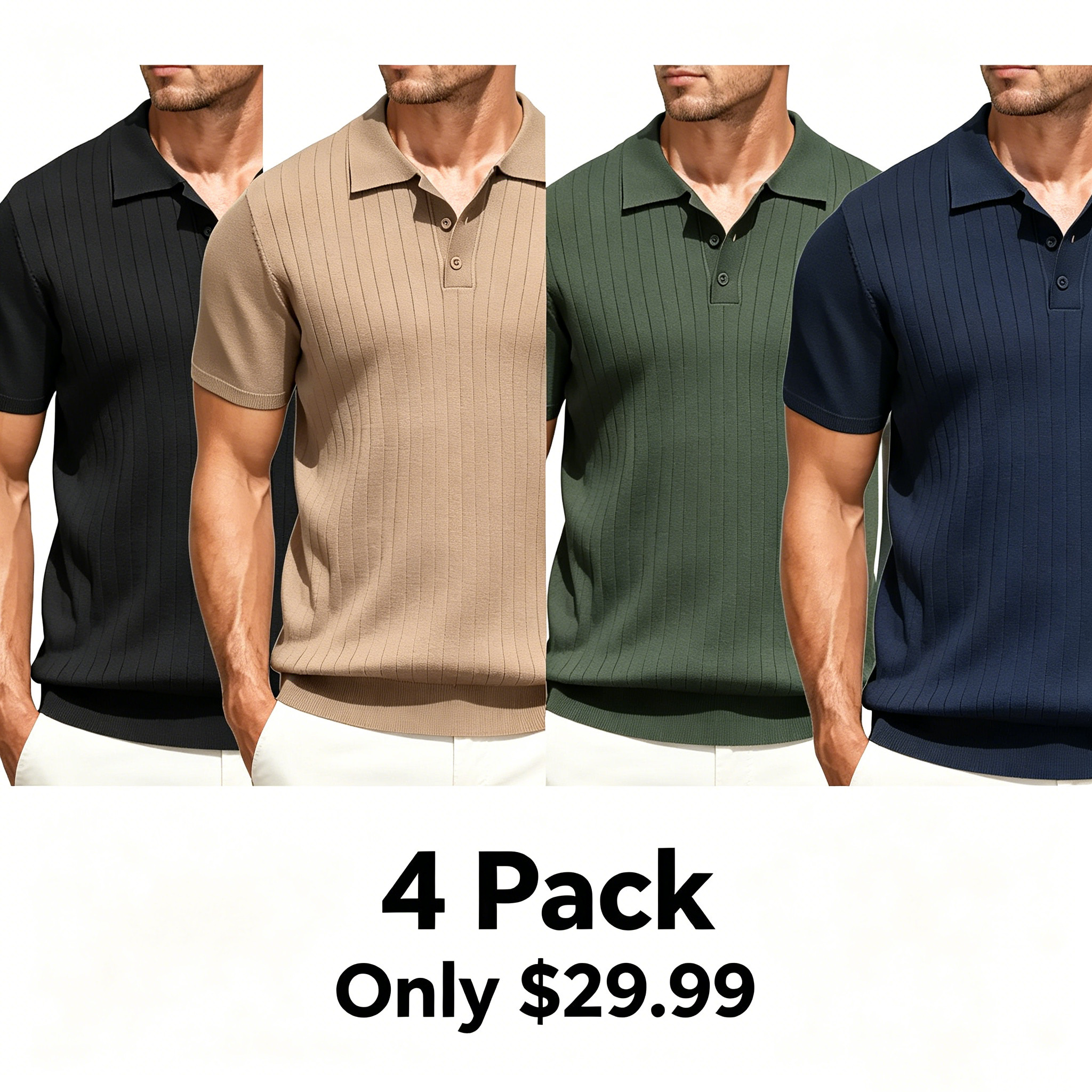 Men’s Knit Polo Shirt 4-Pack | Lightweight Short Sleeve Textured Casual Tops