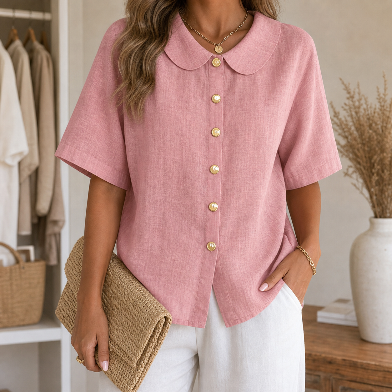 Outfit pairing linen-look Peter Pan collar blouse