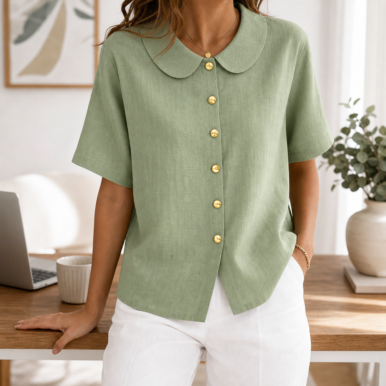 Scene wearing linen-look Peter Pan collar blouse