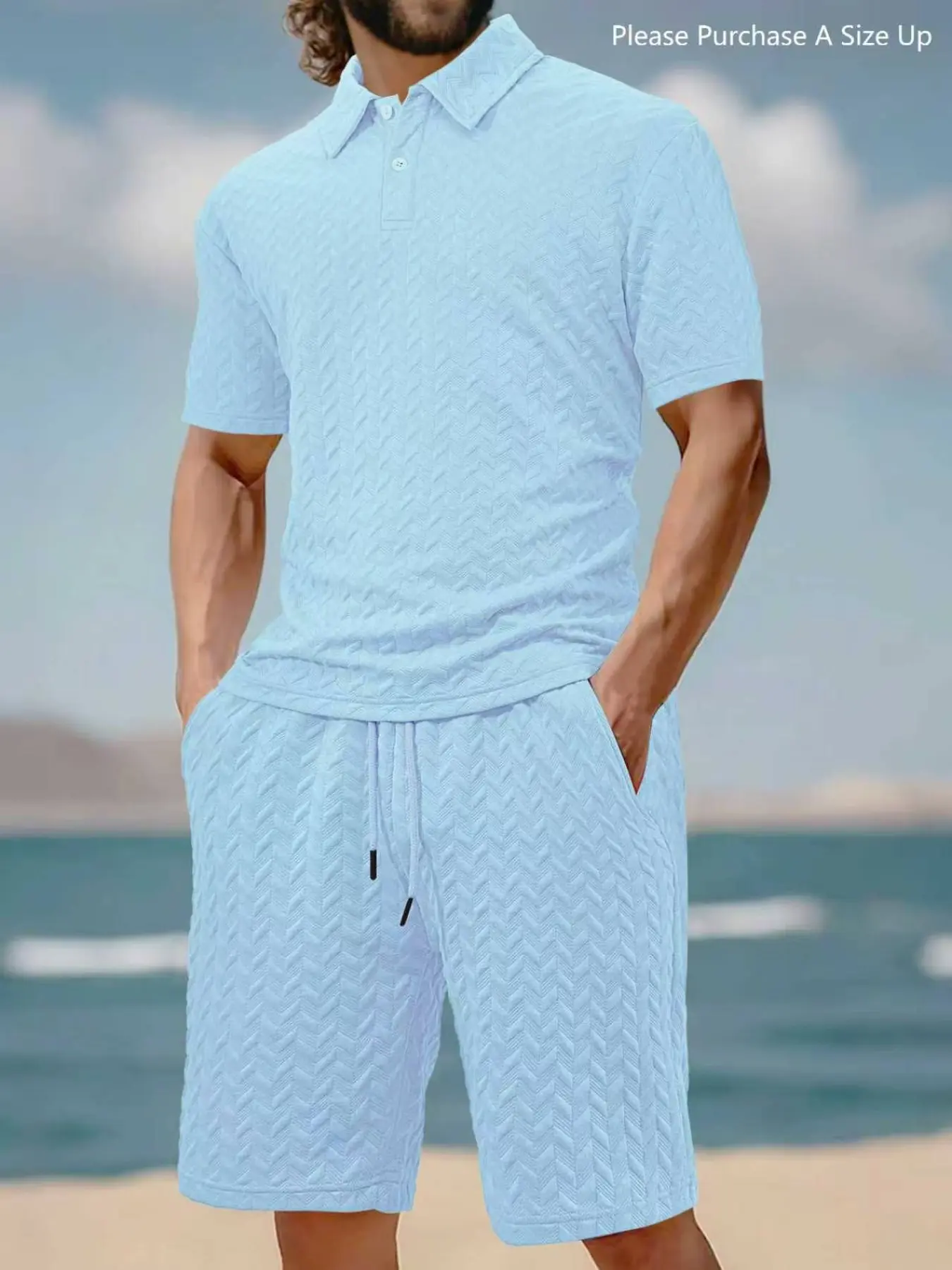 Men's Solid Polo Shirt & Drawstring Waist Shorts Set, Cozy Breathable Two-piece Outfits for Daily Outdoor Wear, Men Clothes for Summer.