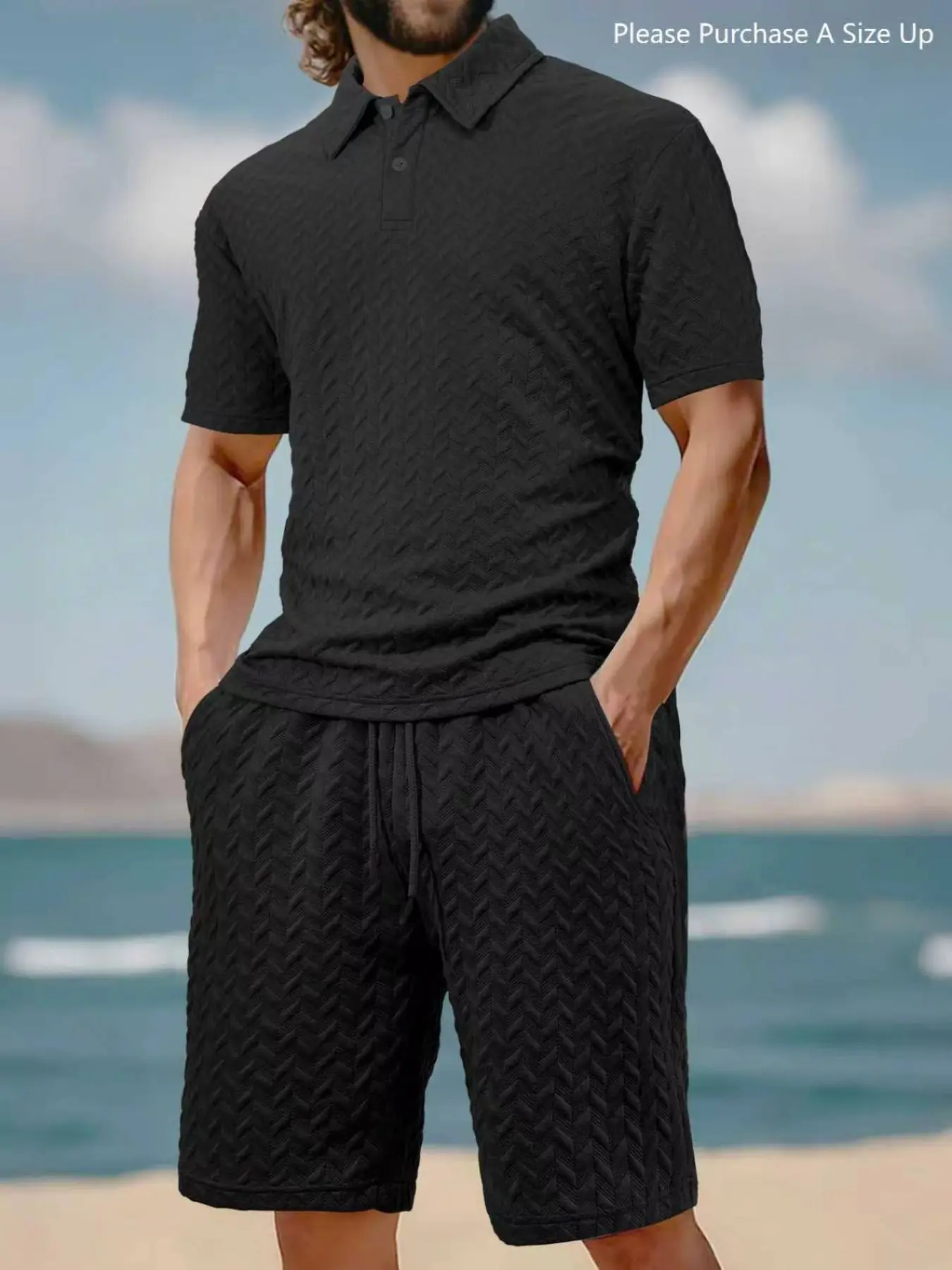 Men's Solid Polo Shirt & Drawstring Waist Shorts Set, Cozy Breathable Two-piece Outfits for Daily Outdoor Wear, Men Clothes for Summer.