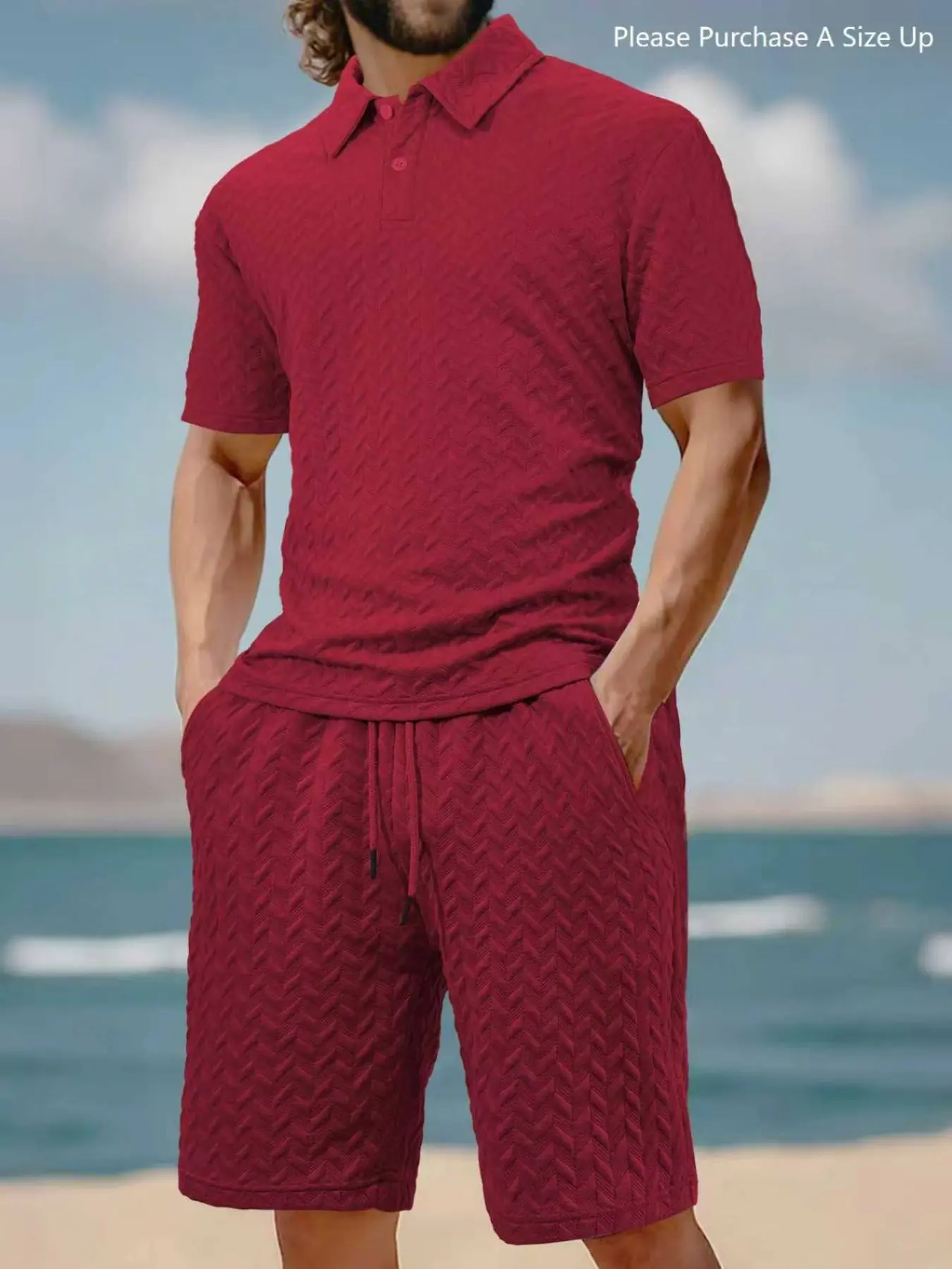 Men's Solid Polo Shirt & Drawstring Waist Shorts Set, Cozy Breathable Two-piece Outfits for Daily Outdoor Wear, Men Clothes for Summer.