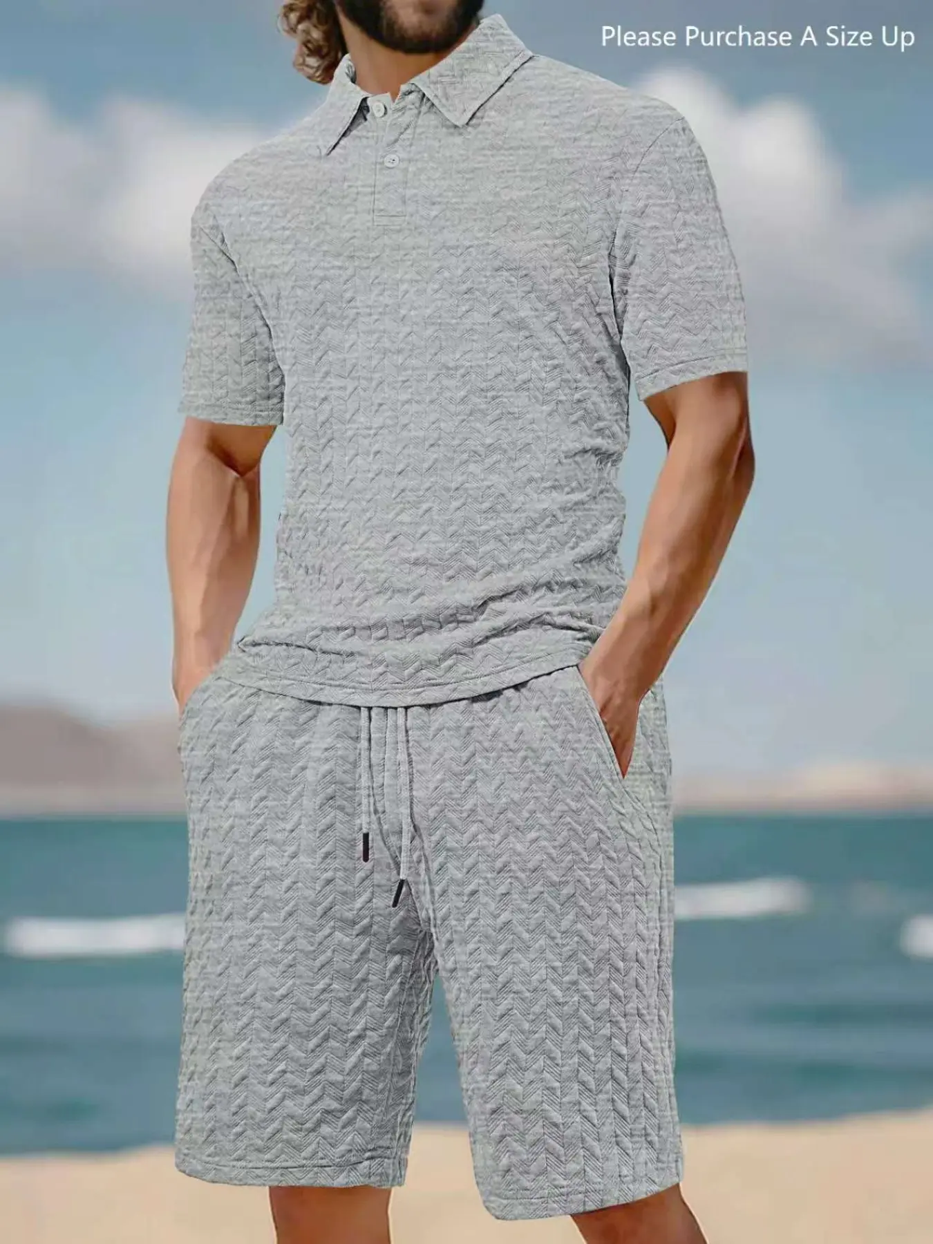 Men's Solid Polo Shirt & Drawstring Waist Shorts Set, Cozy Breathable Two-piece Outfits for Daily Outdoor Wear, Men Clothes for Summer.