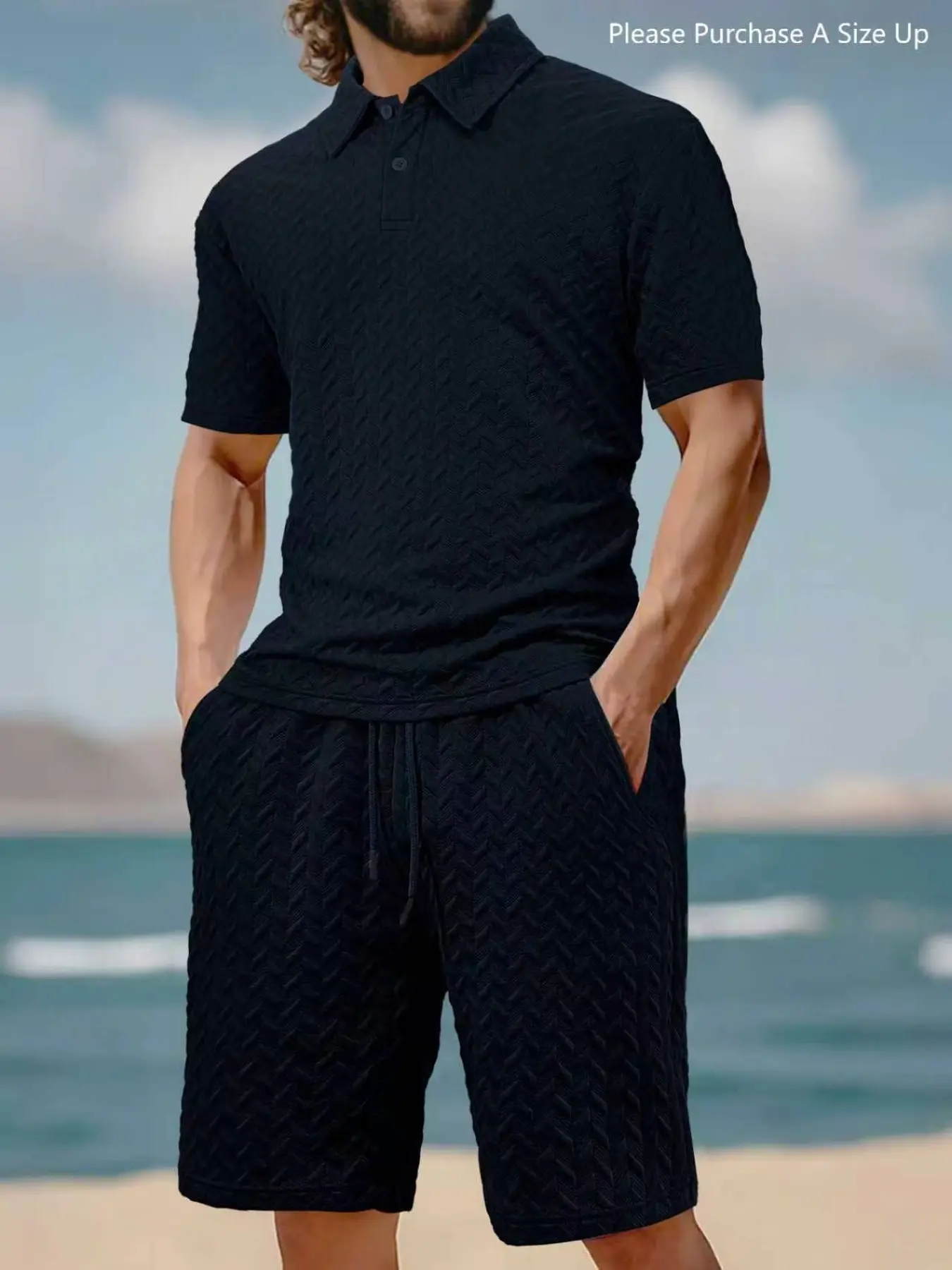 Men's Solid Polo Shirt & Drawstring Waist Shorts Set, Cozy Breathable Two-piece Outfits for Daily Outdoor Wear, Men Clothes for Summer.