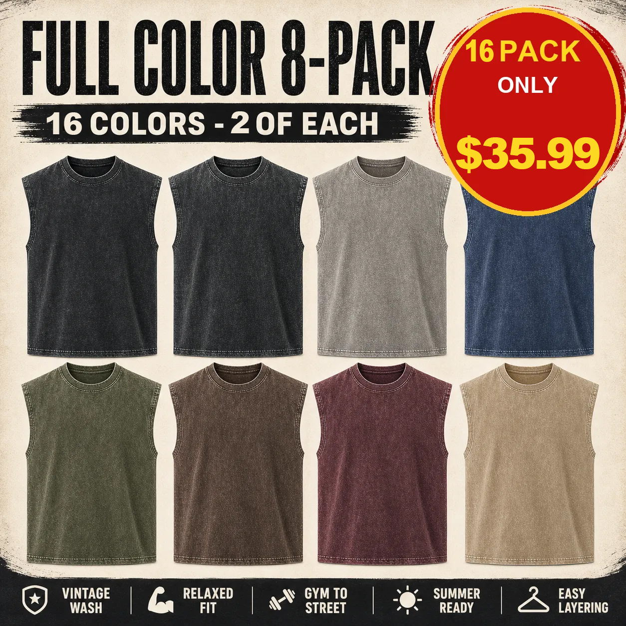 8 PACK ONLY $25.99 - Men's Vintage Acid-Wash Sleeveless Muscle Tank
