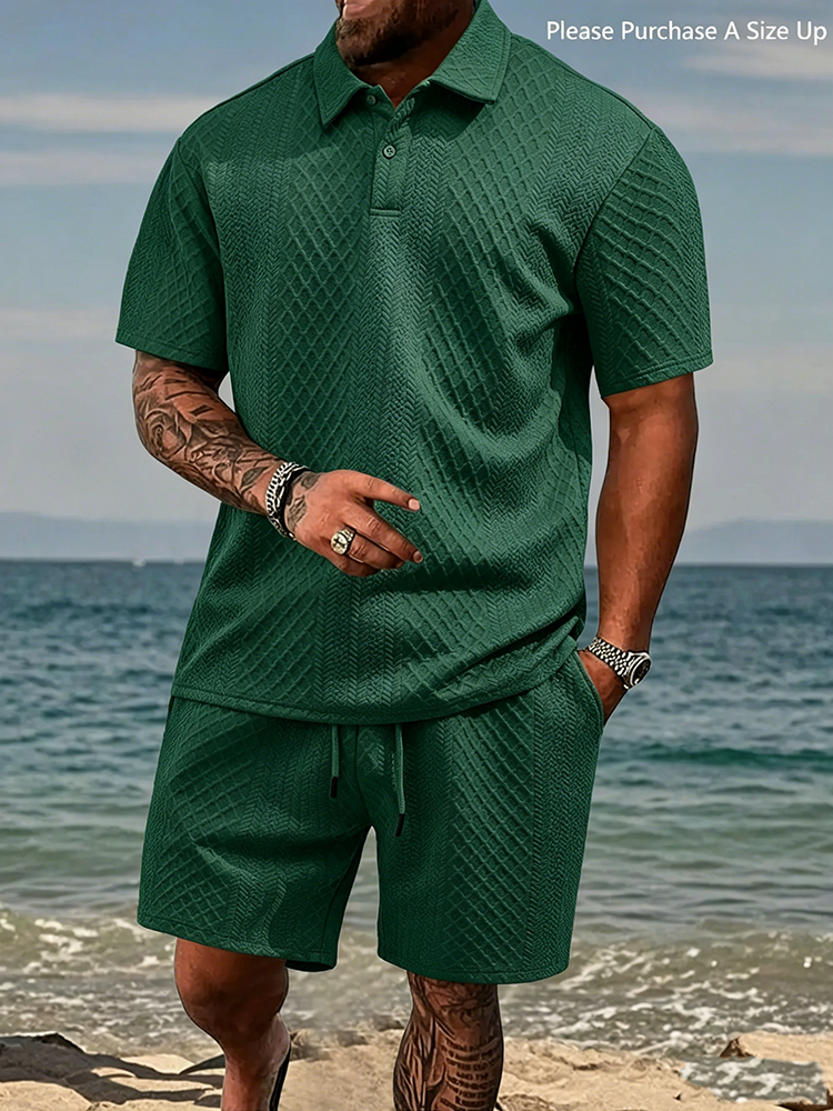 Men's Solid Polo Shirt & Drawstring Waist Shorts Set, Cozy Breathable Two-piece Outfits for Daily Outdoor Wear, Men Clothes for Summer.