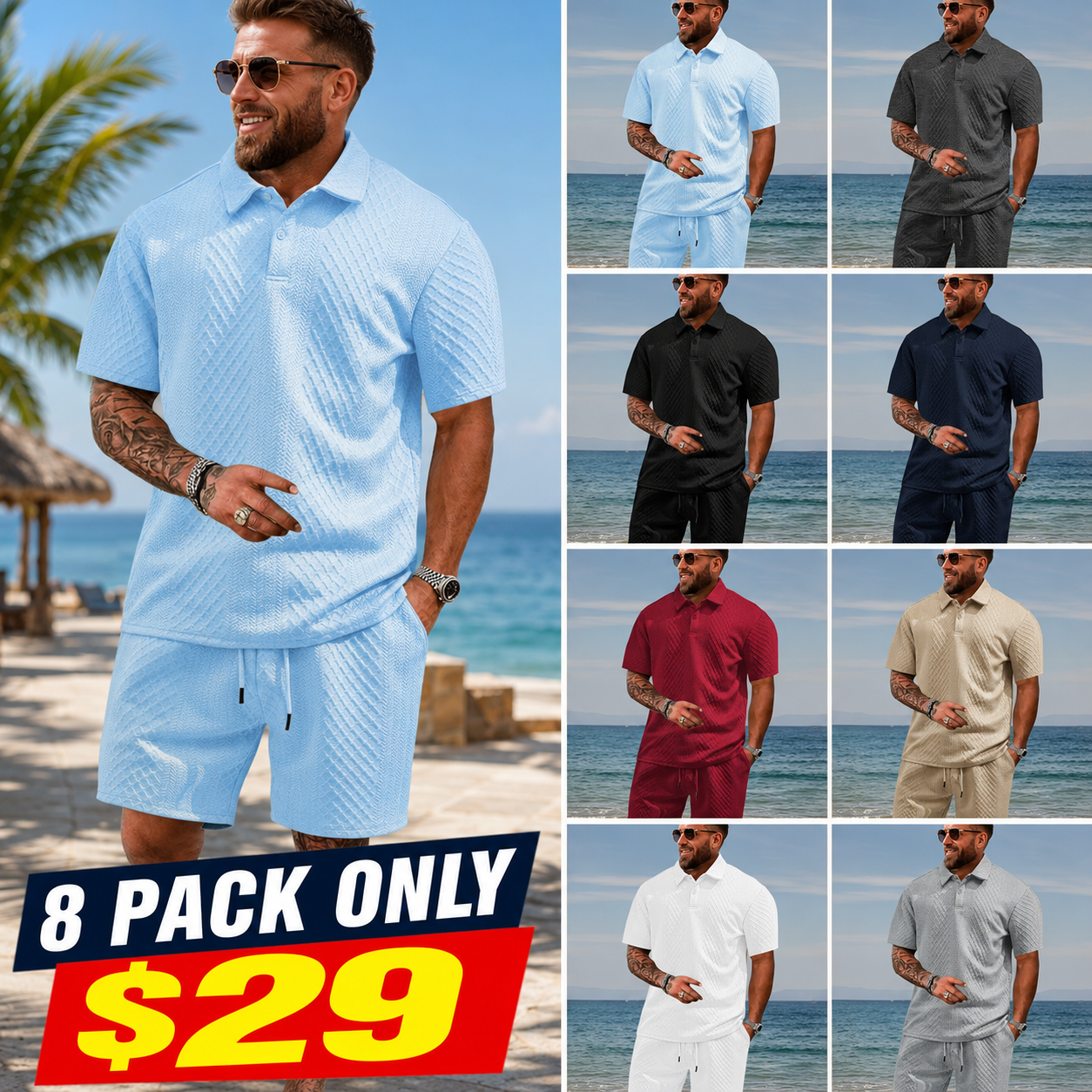 Men's Solid Polo Shirt & Drawstring Waist Shorts Set, Cozy Breathable Two-piece Outfits for Daily Outdoor Wear, Men Clothes for Summer.