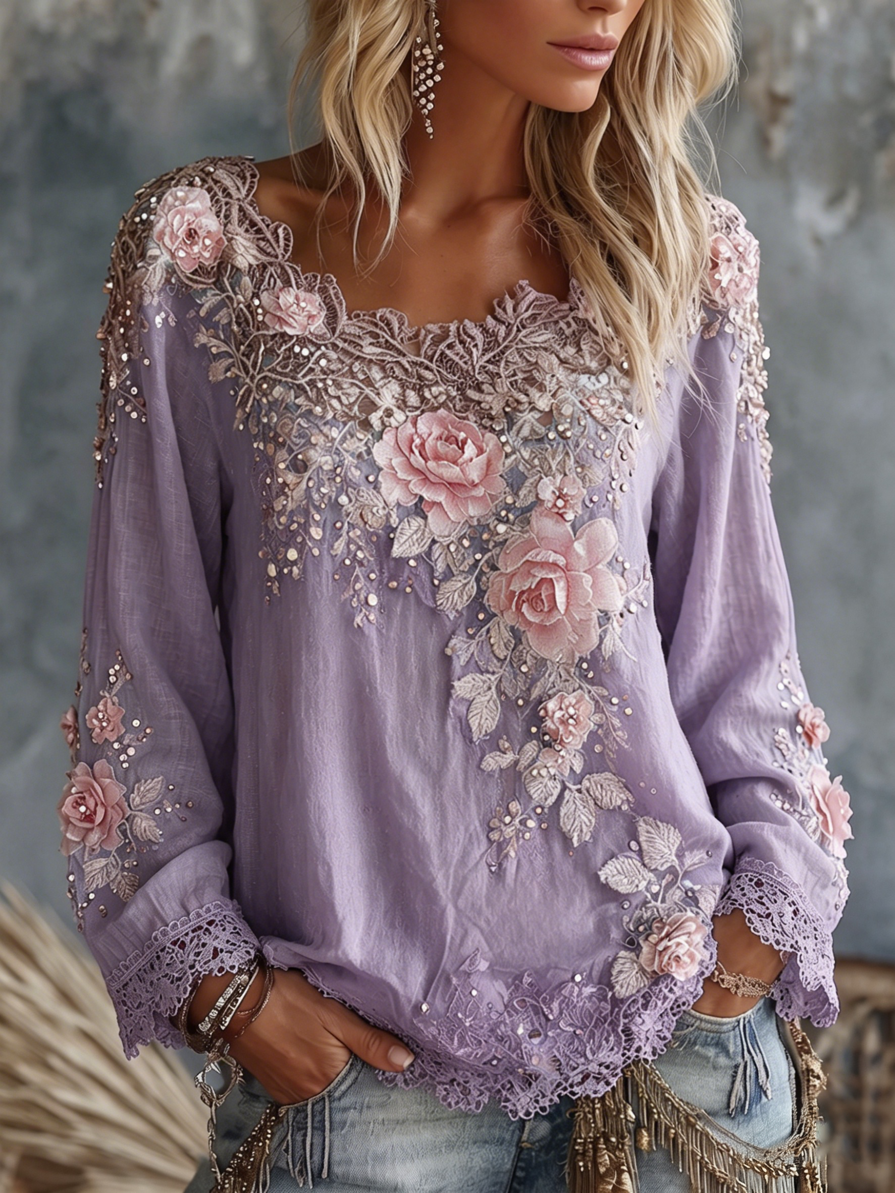 Women's Vintage Rose Floral Art Crew Neck Long Sleeve Linen T-shirt