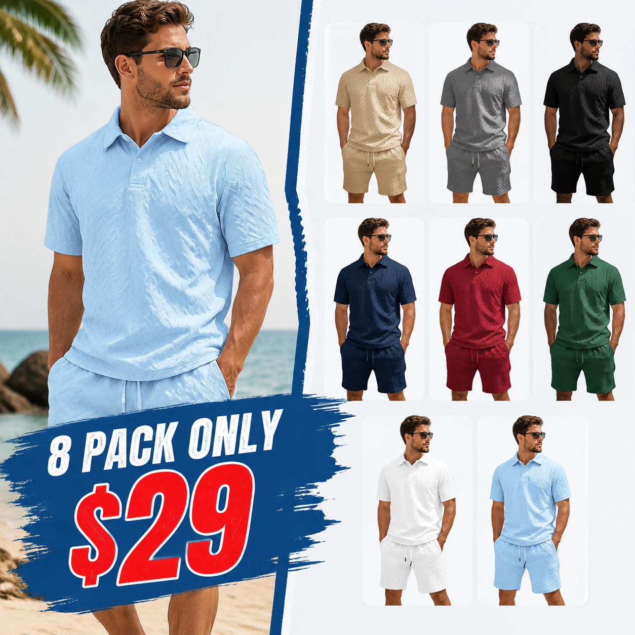 Men's Solid Polo Shirt & Drawstring Waist Shorts Set, Cozy Breathable Two-piece Outfits for Daily Outdoor Wear, Men Clothes for Summer.