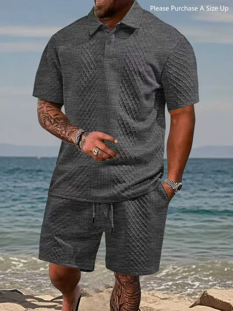 Men's Solid Polo Shirt & Drawstring Waist Shorts Set, Cozy Breathable Two-piece Outfits for Daily Outdoor Wear, Men Clothes for Summer.
