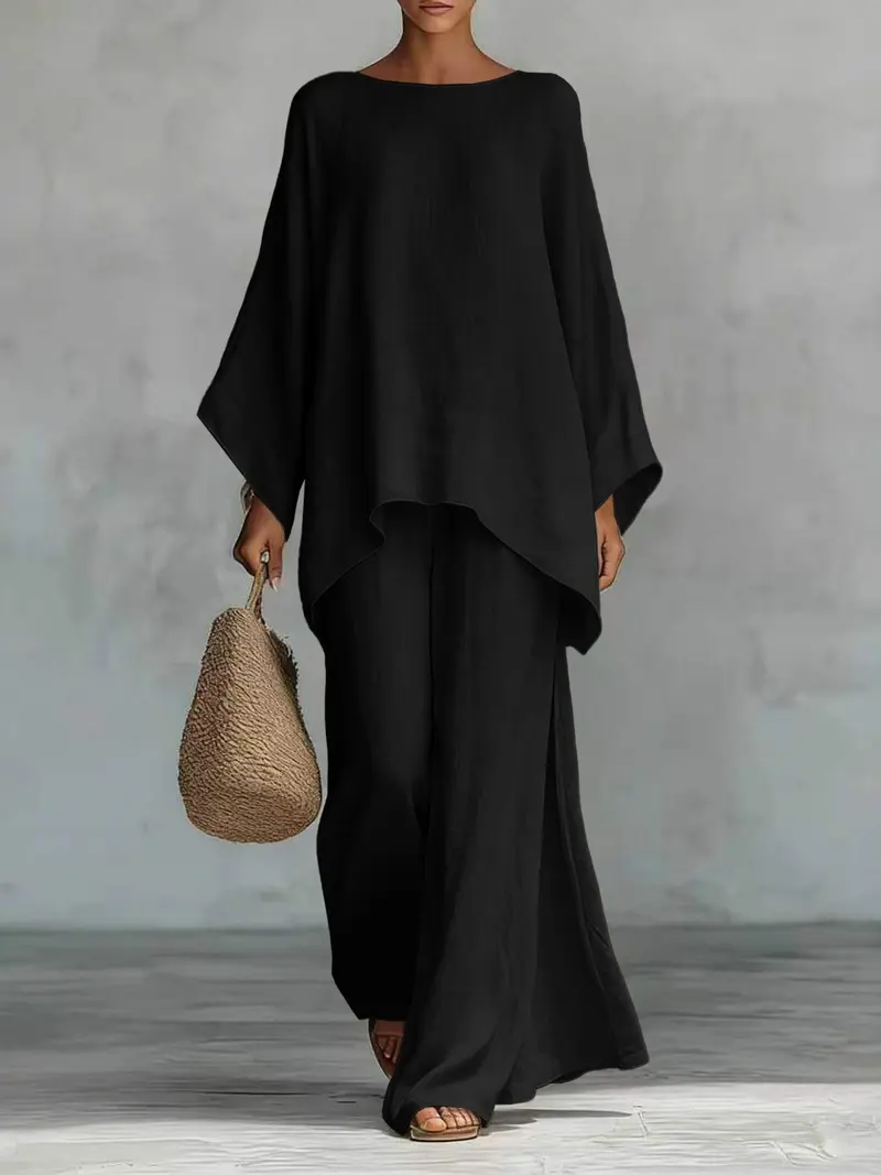 Women's Casual Linen Blend Two-Piece Lounge Set – Oversized Batwing Top & Wide Leg Pants