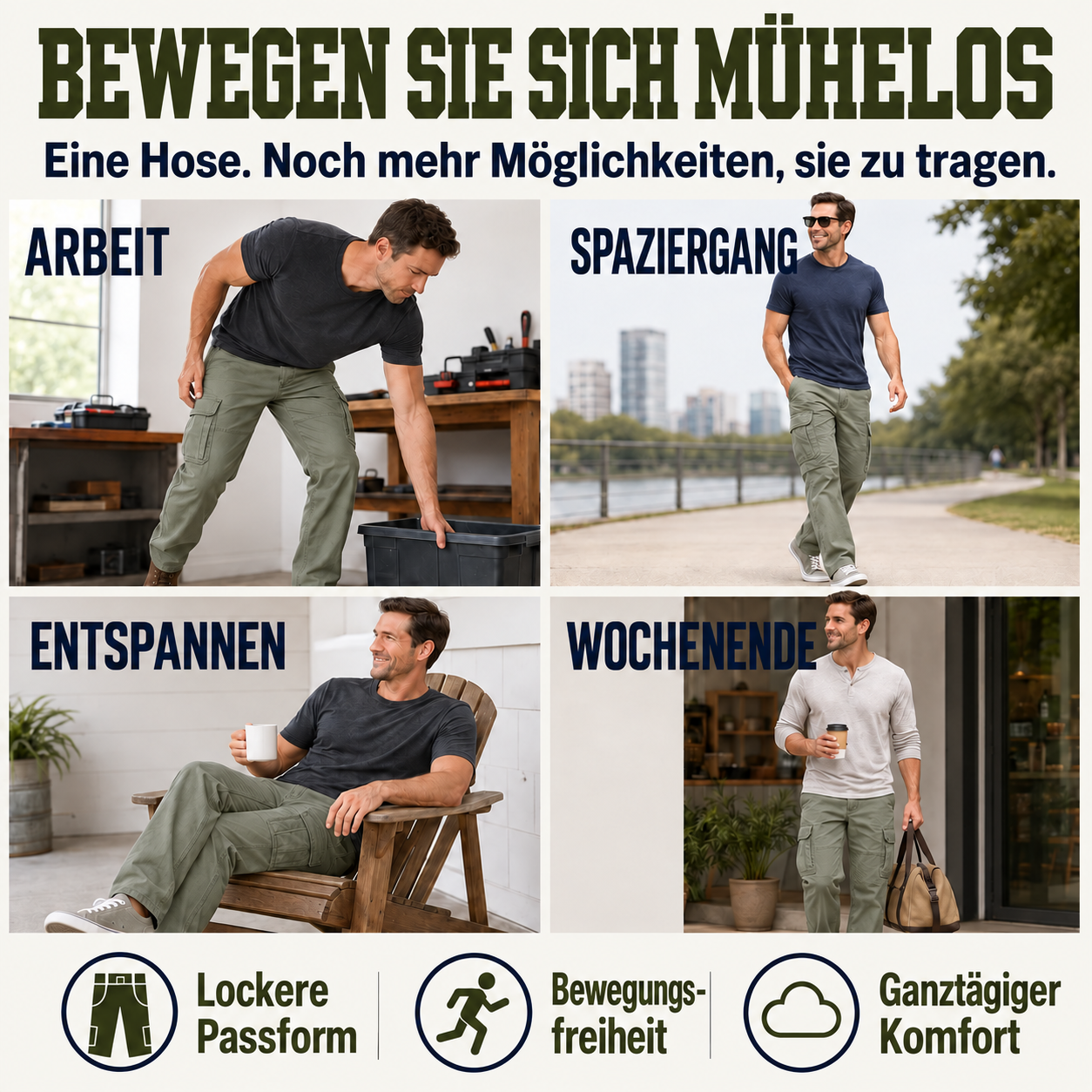 Lässige Herren-Cargohosen mit 6 Taschen – Arbeit und Outdoor - Bewegen Sie sich unbeschwert