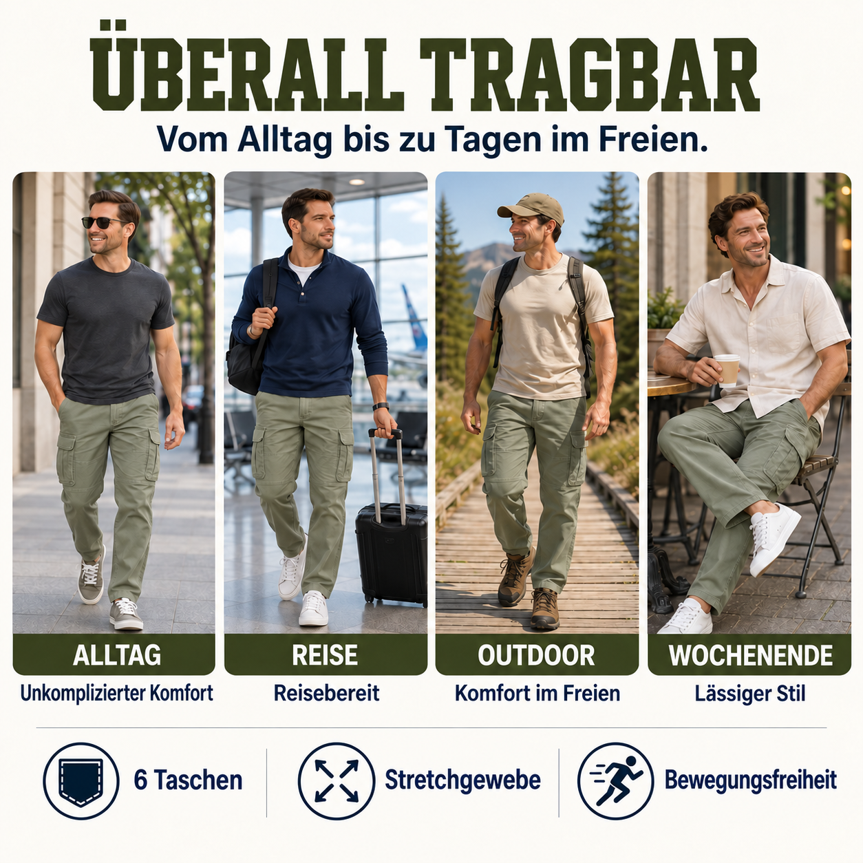 Lässige Herren-Cargohosen mit 6 Taschen – Arbeit und Outdoor - Überall tragbar