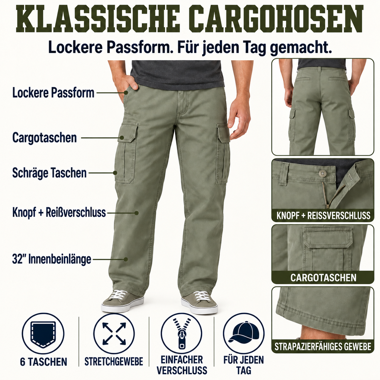 Lässige Herren-Cargohosen mit 6 Taschen – Arbeit und Outdoor - Klassische Cargohose