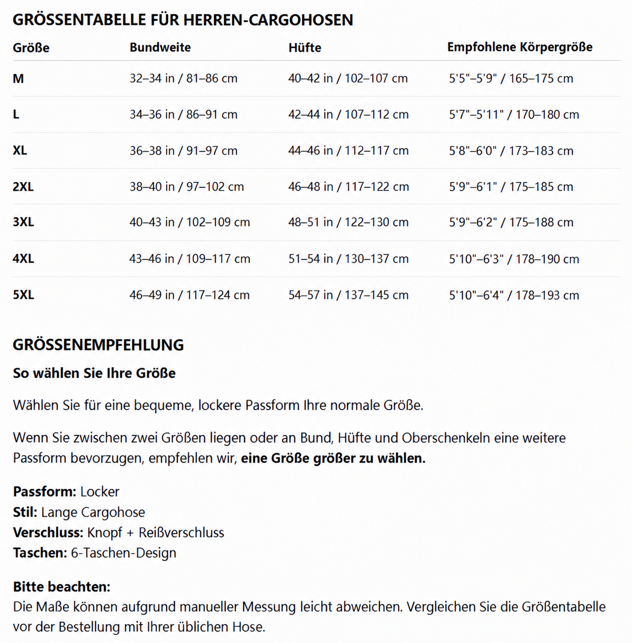 Lässige Herren-Cargohosen mit 6 Taschen – Arbeit und Outdoor - Größentabelle für Hosen