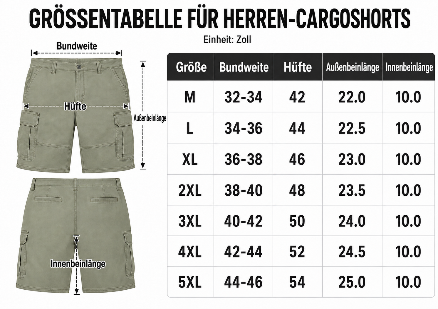 Lässige Herren-Cargohosen mit 6 Taschen – Arbeit und Outdoor - Größentabelle für Cargo-Shorts