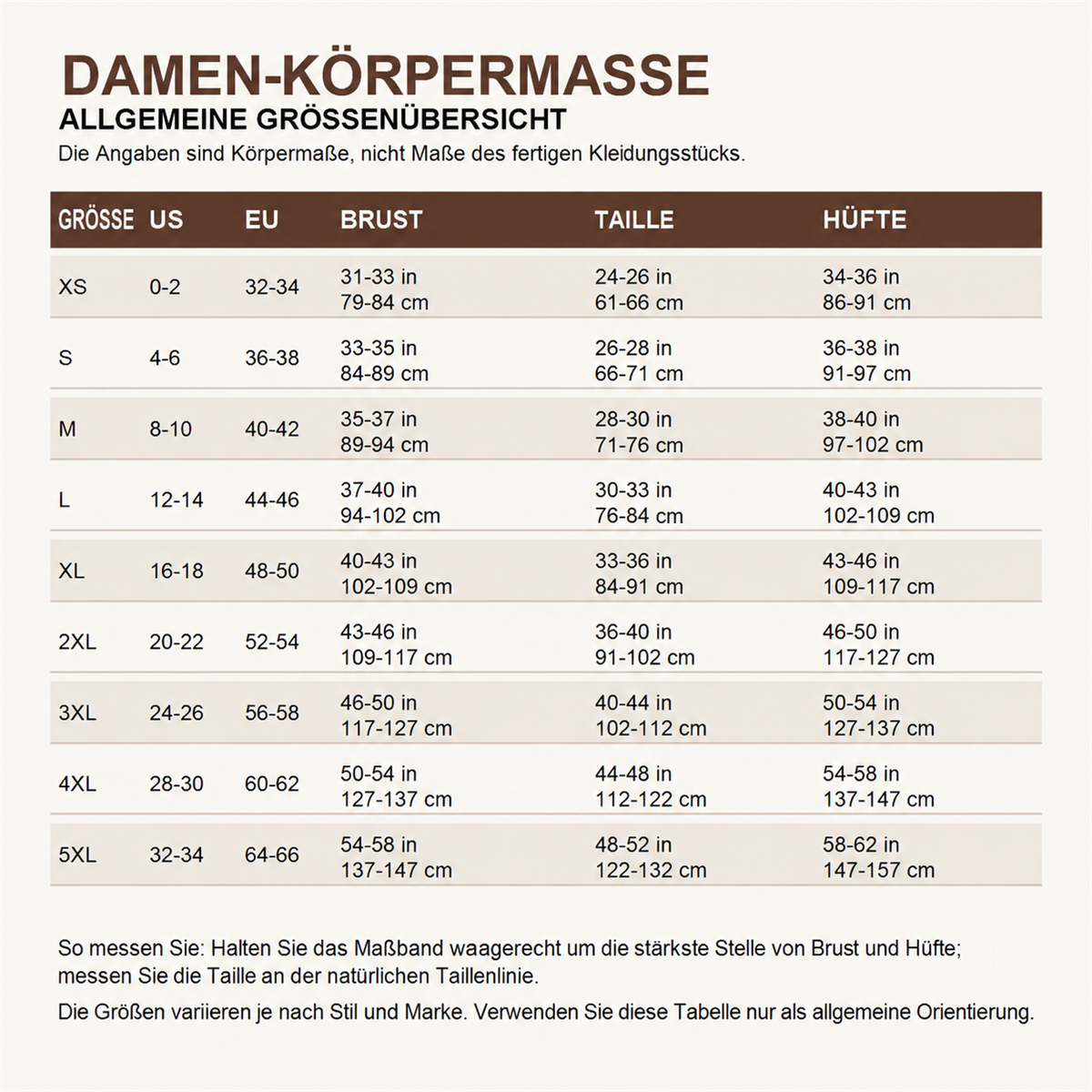 Damen-Multipack mit asymmetrischen Bikerjacken - allgemeine US- und EU-Körpermaßtabelle