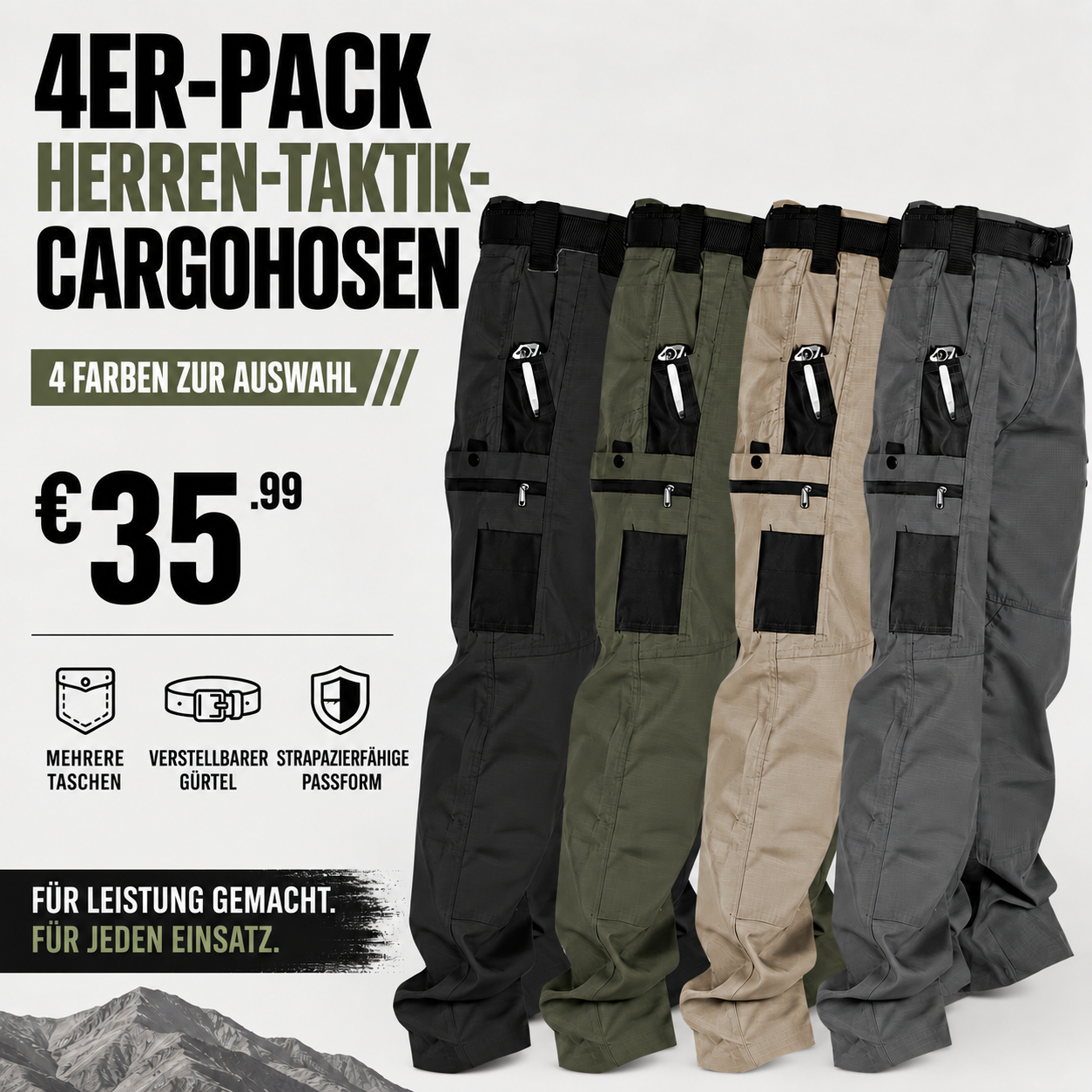 Herren-Multipack mit taktischen Cargohosen – 12 Stück für nur 36,99 € - Kompakte Packoption