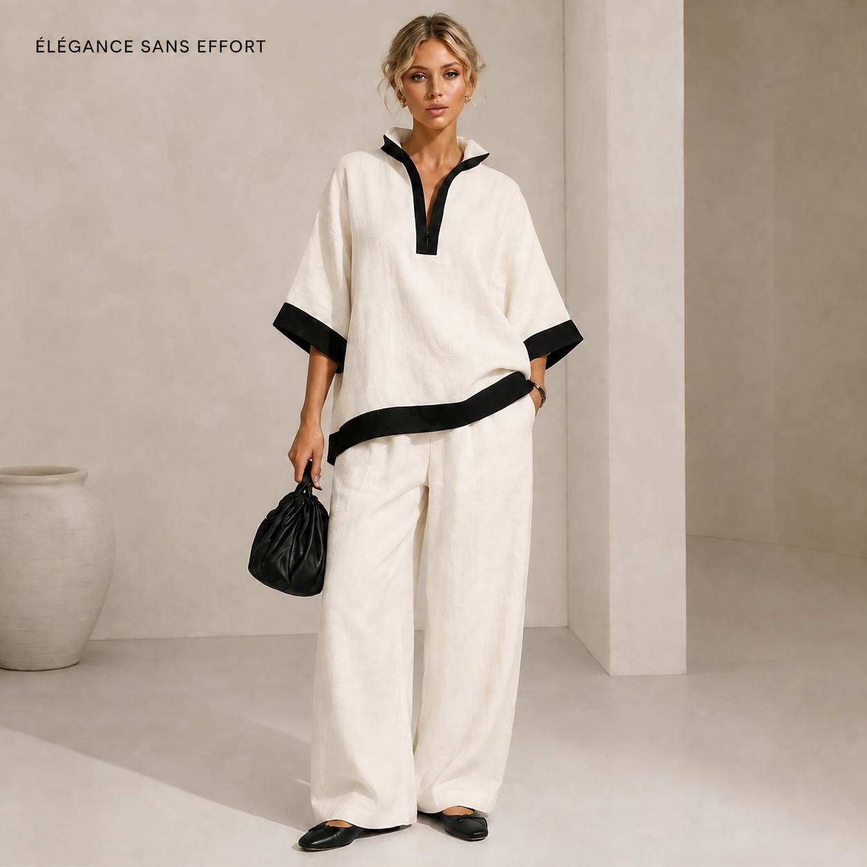 DÉSTOCKAGE FINAL – Lot de 12 à seulement 36,99 € – Ensemble femme avec haut à col fendu contrasté et pantalon large - Élégance sans effort