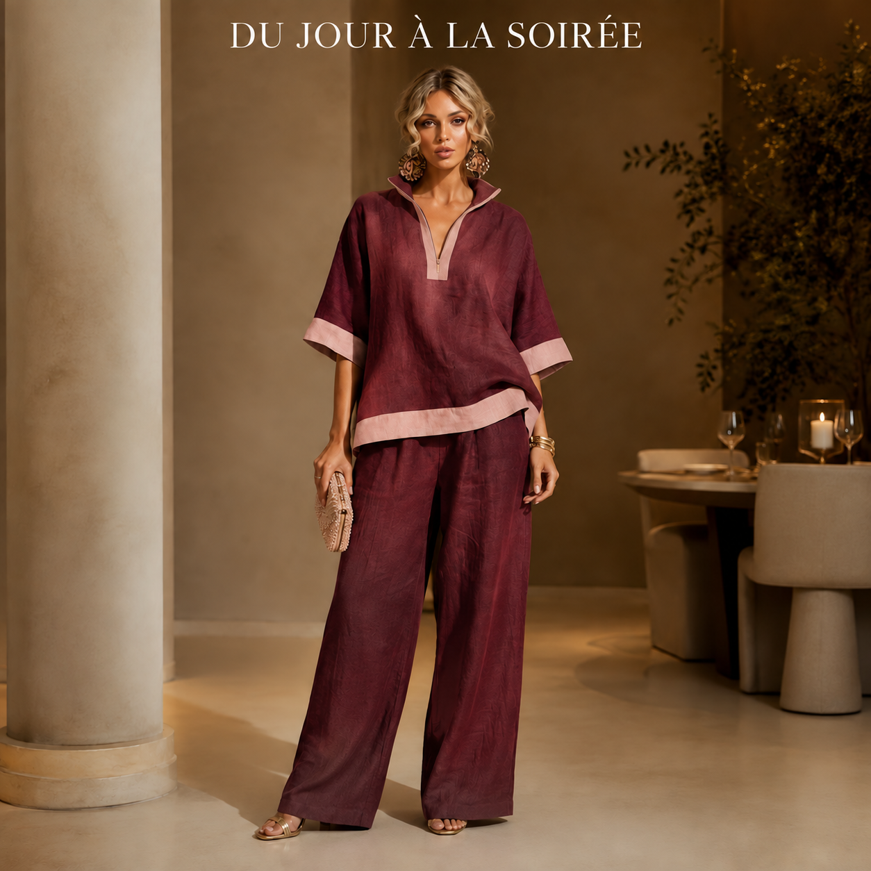 DÉSTOCKAGE FINAL – Lot de 12 à seulement 36,99 € – Ensemble femme avec haut à col fendu contrasté et pantalon large - Du jour au soir