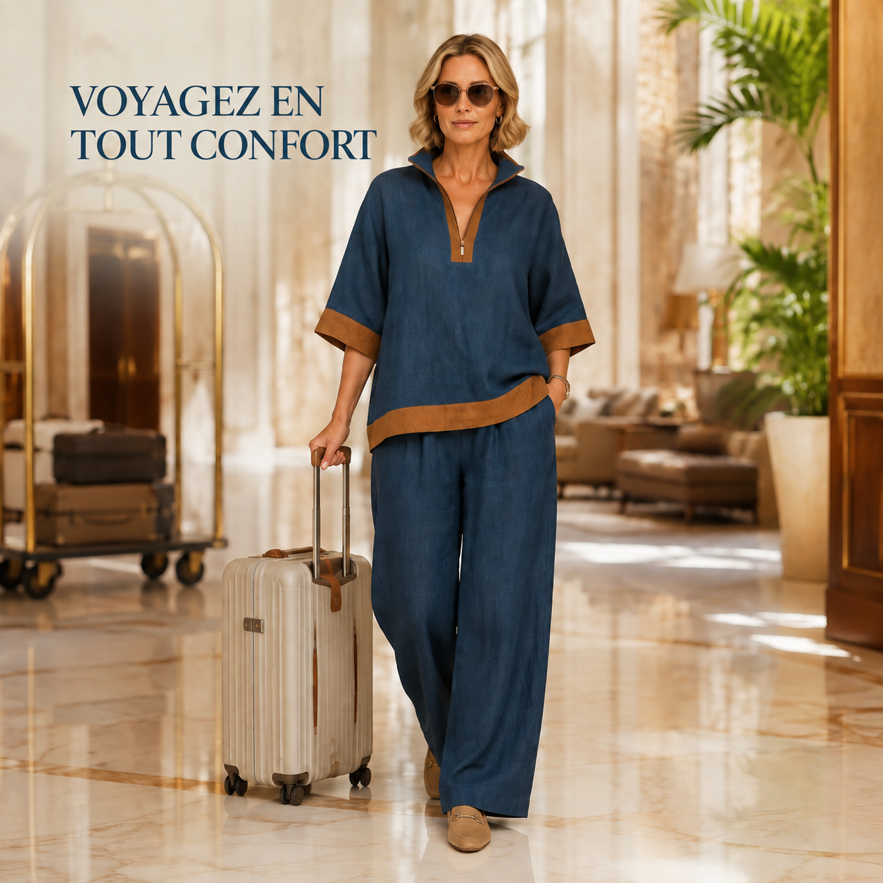DÉSTOCKAGE FINAL – Lot de 12 à seulement 36,99 € – Ensemble femme avec haut à col fendu contrasté et pantalon large - Voyagez confortablement