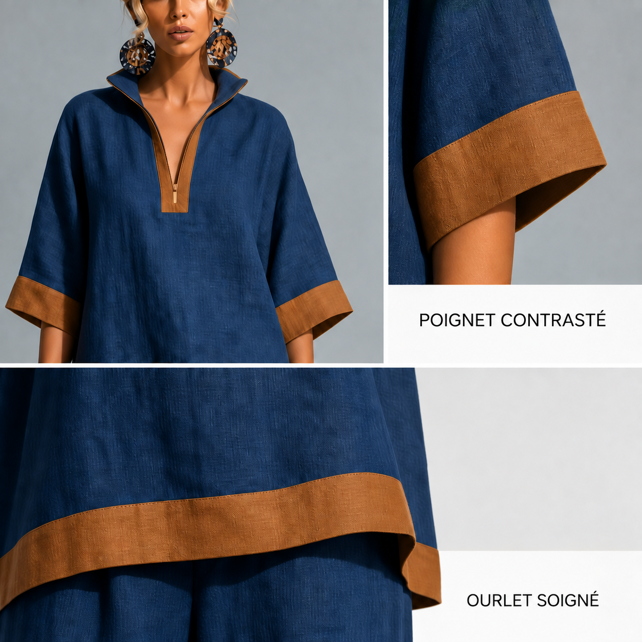 D&Eacute;STOCKAGE FINAL &ndash; Lot de 12 &agrave; seulement 36,99 &euro; &ndash; Ensemble femme avec haut &agrave; col fendu contrast&eacute; et pantalon large - Finitions contrast&eacute;es