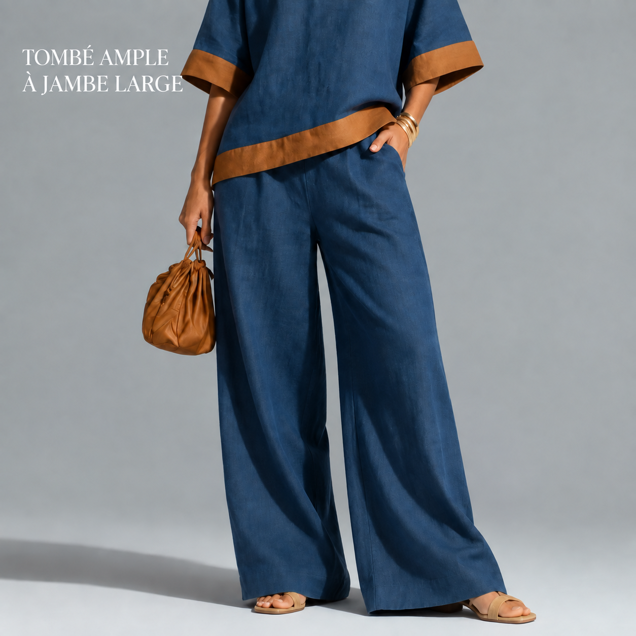 D&Eacute;STOCKAGE FINAL &ndash; Lot de 12 &agrave; seulement 36,99 &euro; &ndash; Ensemble femme avec haut &agrave; col fendu contrast&eacute; et pantalon large - Pantalon large d&eacute;contract&eacute;