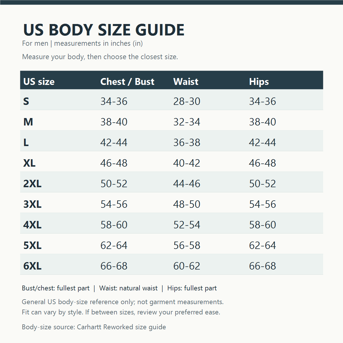 General US body-size guide in inches