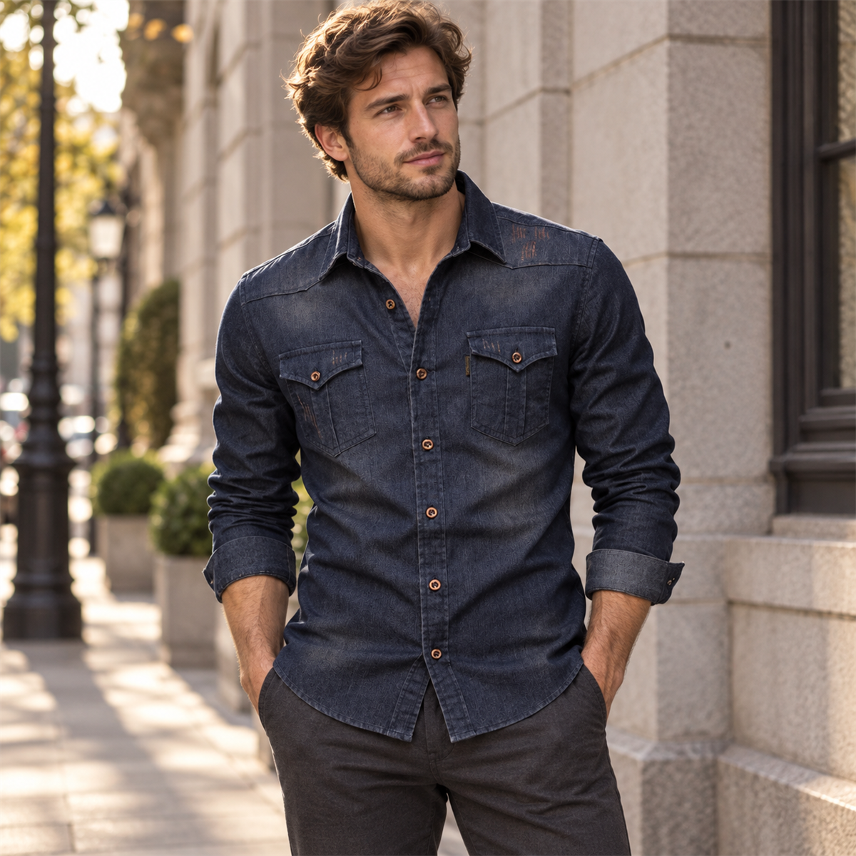 Men's Dark Denim Flap-Pocket Shirt Multipack detail image 01