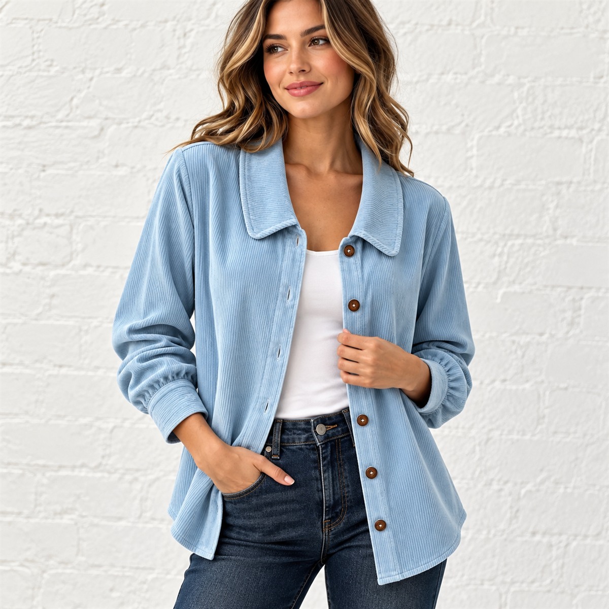 Women's Blue Ribbed Button-Front Blouse Multipack detail image 06