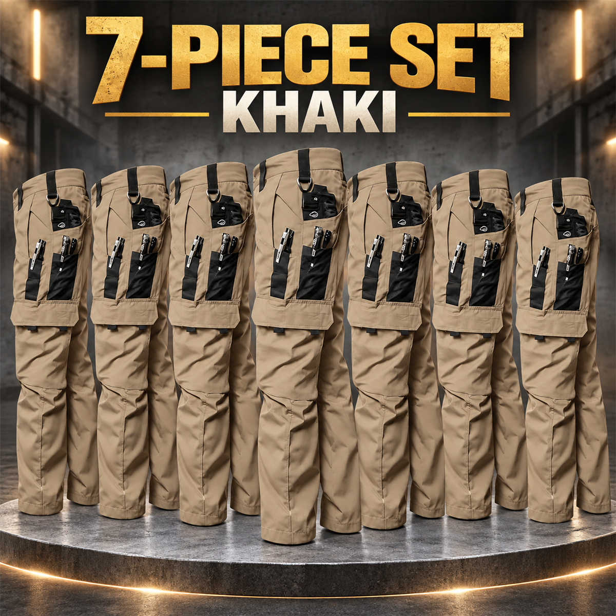 Men's Multi-Pocket Work Cargo Pants Multipack - 7-Piece Khaki Pack