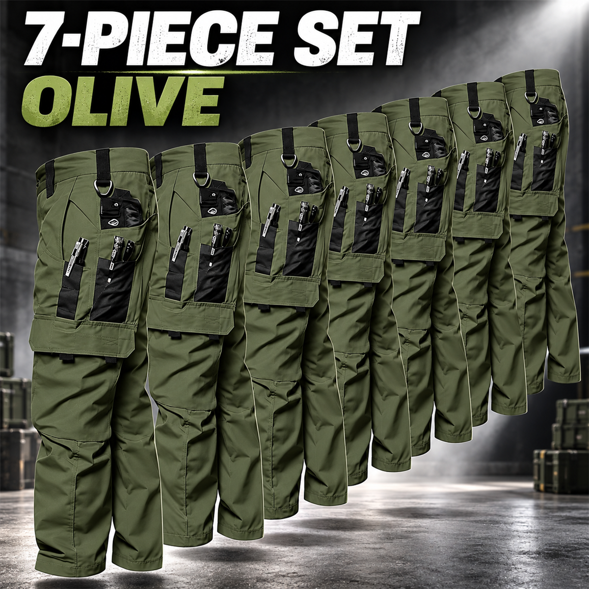 Men's Multi-Pocket Work Cargo Pants Multipack - 7-Piece Olive Pack