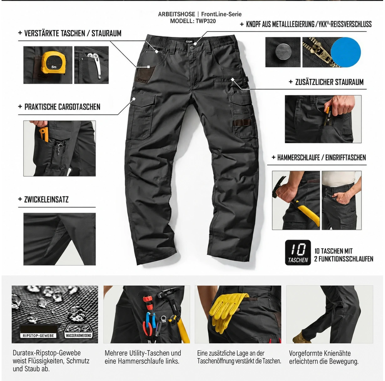 🔥8ER-PACK nur 25,99 €🔥 Herren-Ripstop-Arbeitshose, wasserabweisende Outdoor-Taktikhose - 03