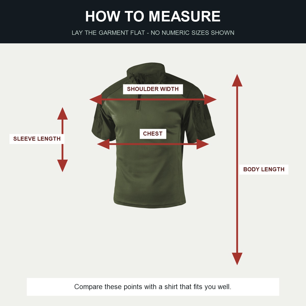 5- or 10-Pack Men's Short-Sleeve Tactical Combat Shirts how-to-measure guide