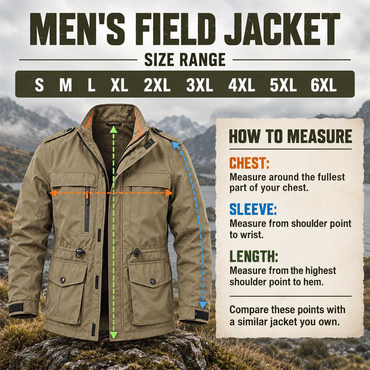 4- or 8-Pack Men's Hooded Multi-Pocket Field Jackets fit and size guide