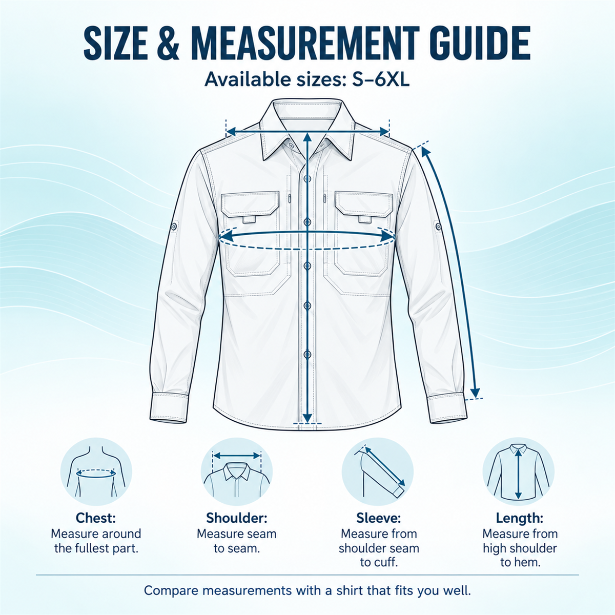 4- or 8-Pack Men's Roll-Sleeve Utility Shirts fit and size guide