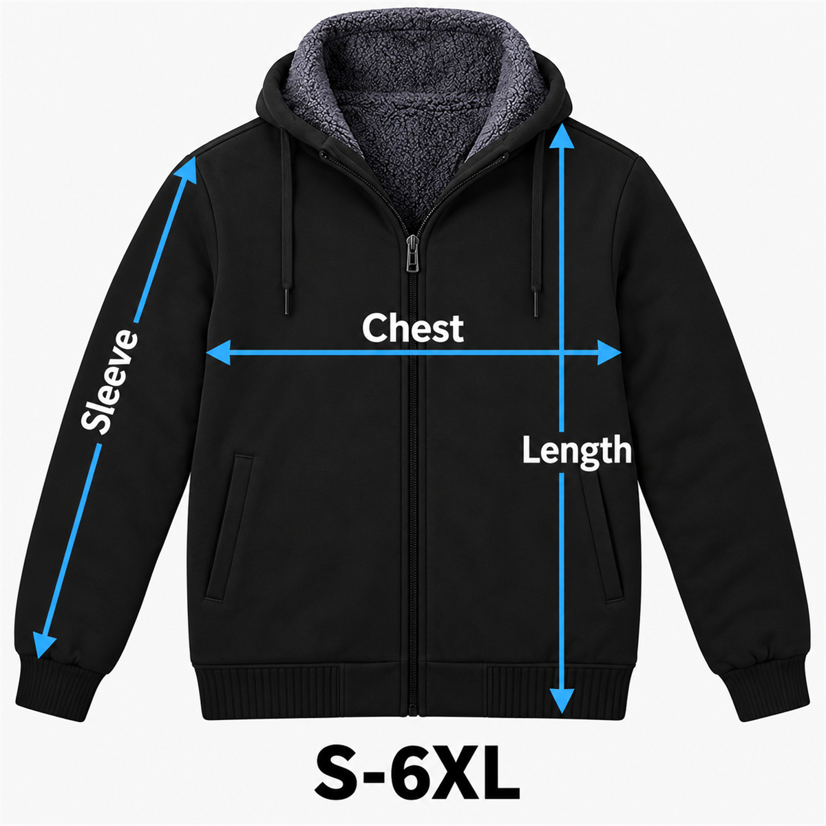 4- or 8-Pack Men's Sherpa-Lined Full-Zip Hoodies sizing and measuring guide