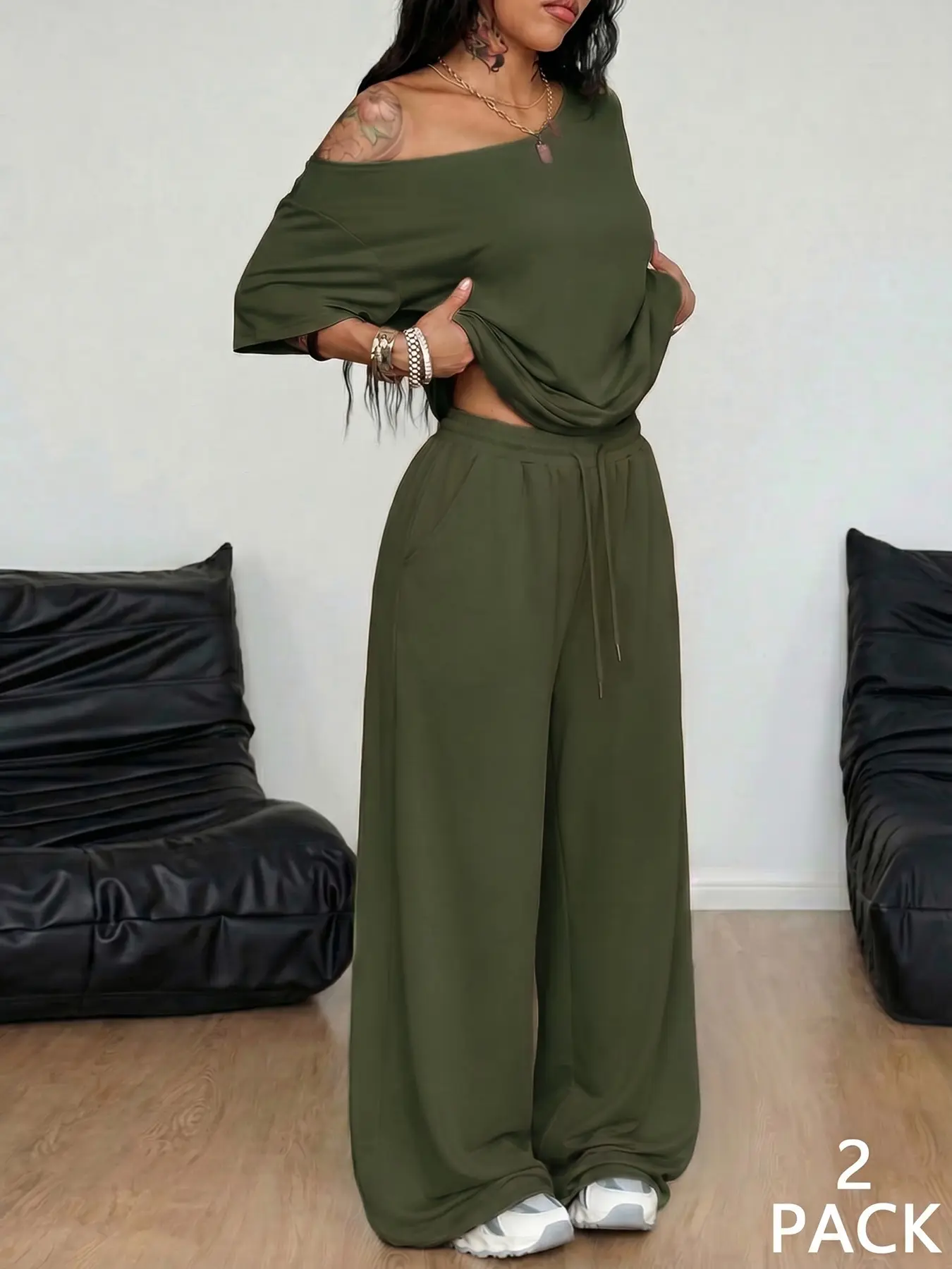 2pcs/Set Women's Minimalist Basic Daily Wear Everyday Going Out Sport Comfortable Off Shoulder T-Shirt And Wide Leg Pants Two Pieces Outfits