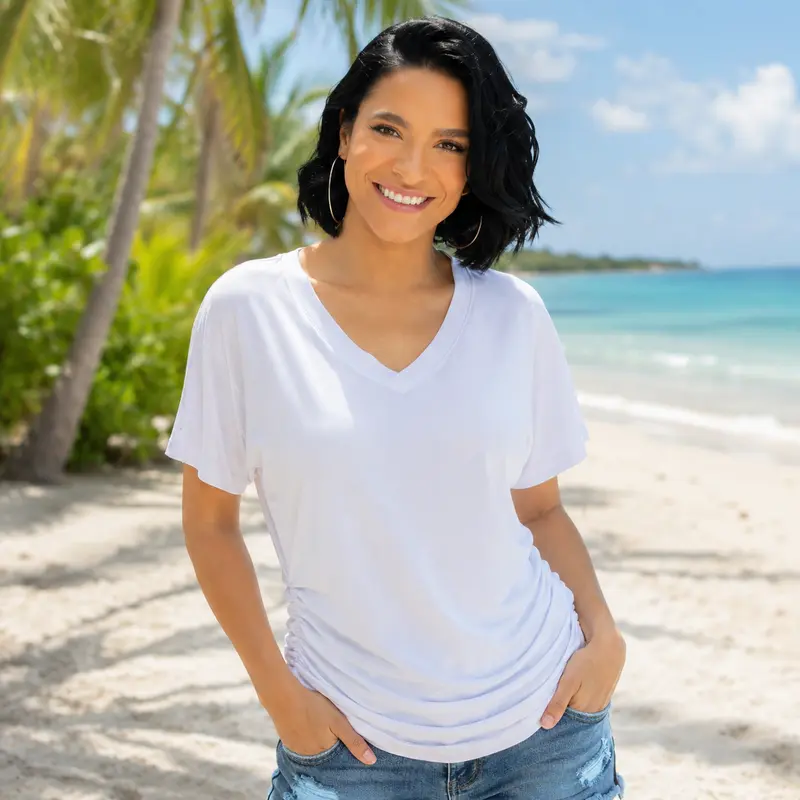 WIHOLL SwimWeek Womens Short Sleeve V Neck Dolman Tops with Side Shirring Loose Fit Shirts