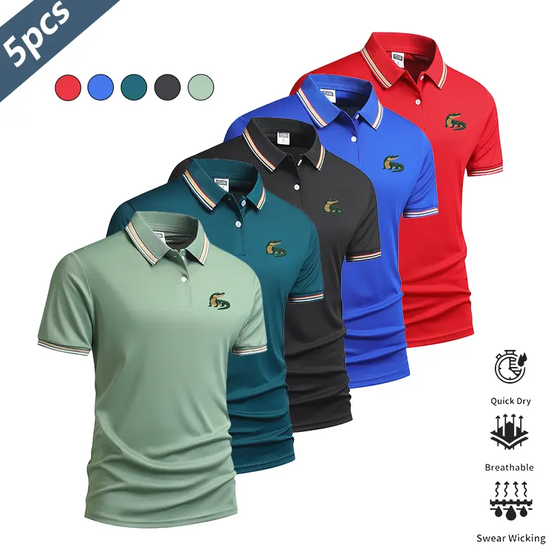 Men’s 5-pack alligator print polo shirts—lightweight, quick-drying, breathable summer short-sleeve collared T-shirts for business casual wear. Suitable for commuting, everyday wear, and light business outfits; pairs well with dress pants and casual trouse