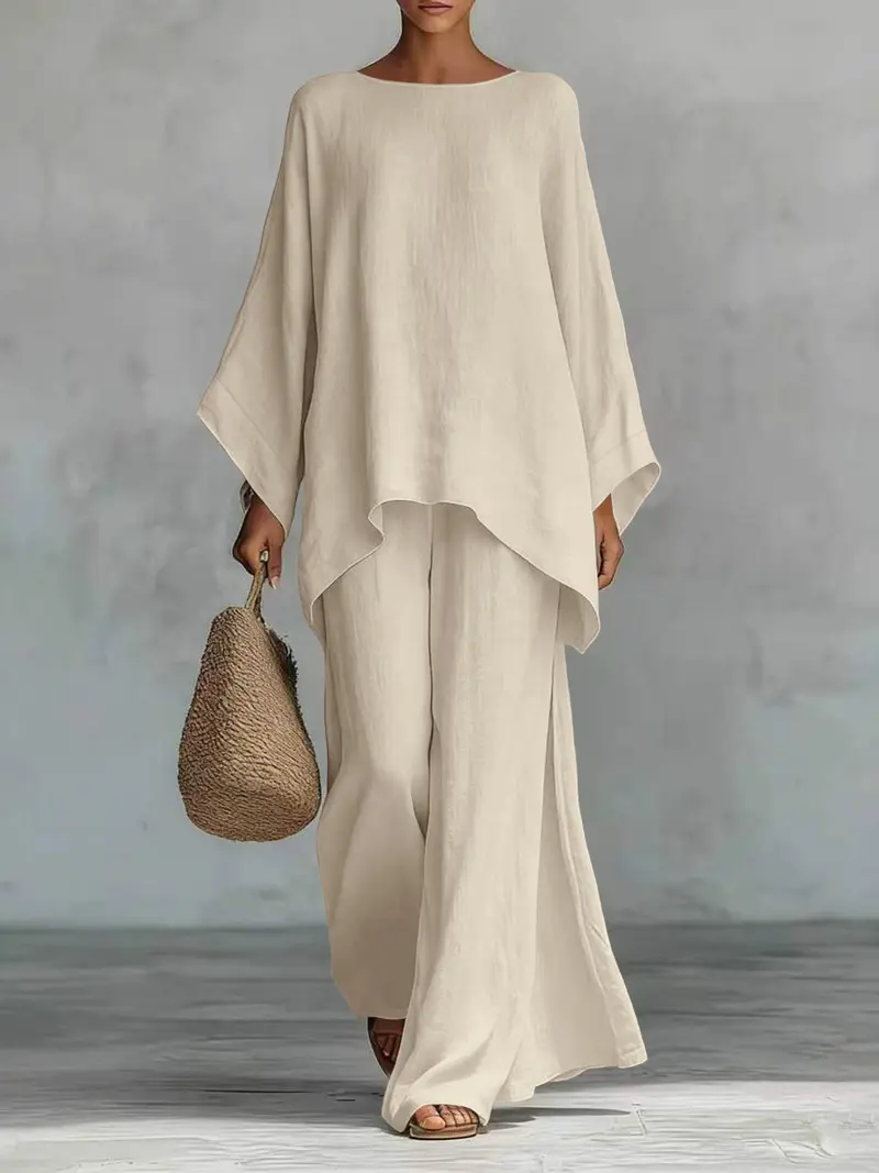 Women's Casual Linen Blend Two-Piece Lounge Set – Oversized Batwing Top & Wide Leg Pants