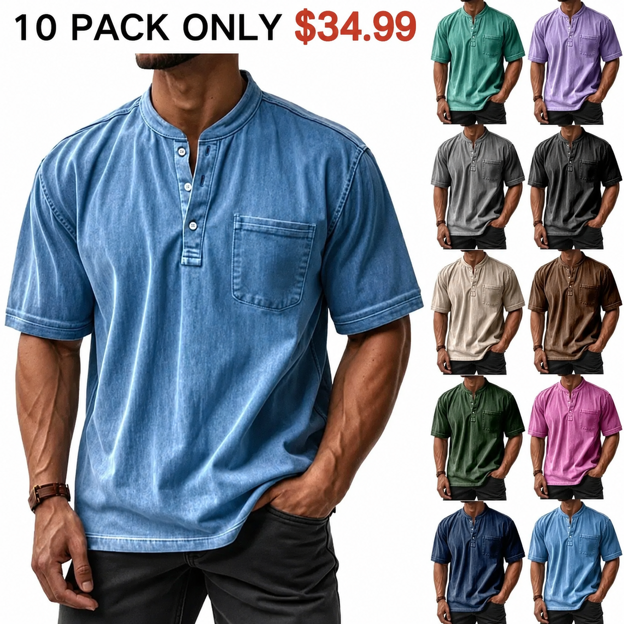 Men's Casual Solid Color Vintage Loose Pocket Short Sleeve Button-down Henley Shirt