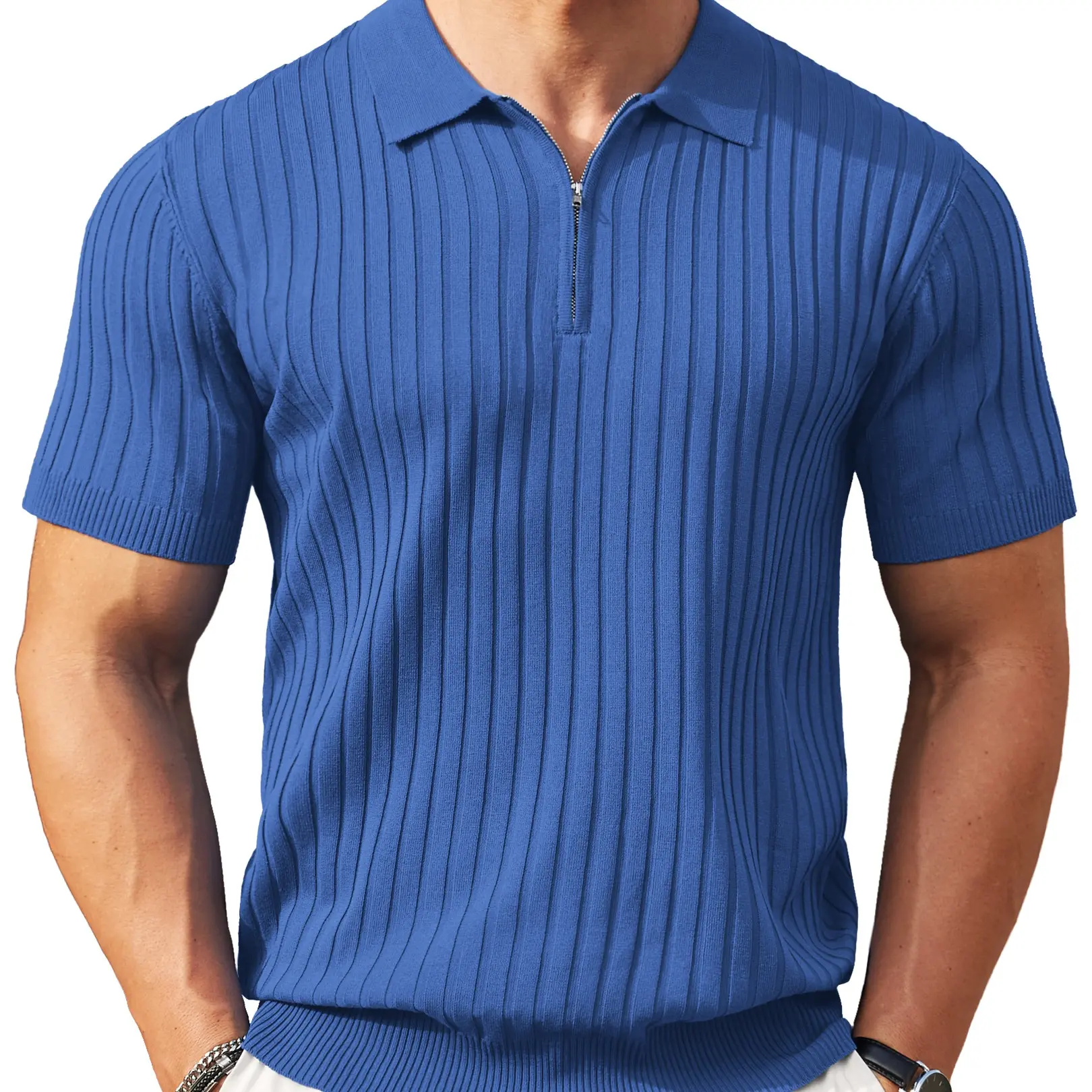 Men's Ribbed Knit Zip Polo Shirt 6-Pack | Premium Casual Summer Tops
