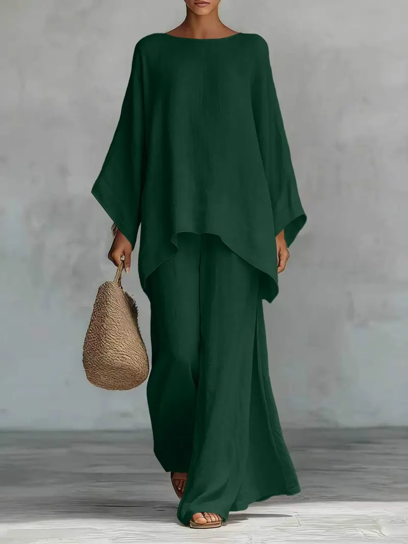 Women's Casual Linen Blend Two-Piece Lounge Set – Oversized Batwing Top & Wide Leg Pants