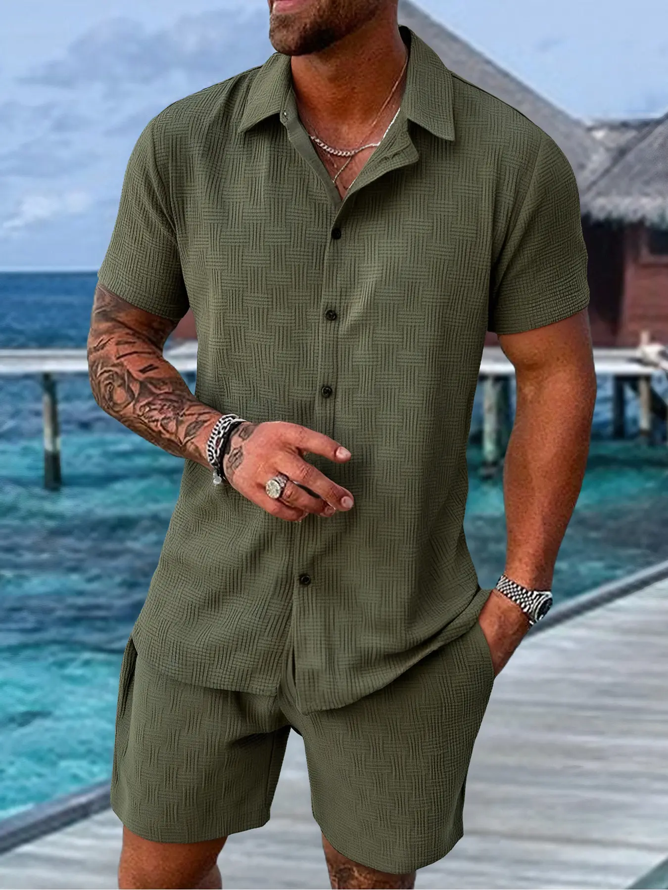 Men’s Breathable Textured Shirt & Shorts Set – 2 Piece Summer Outfit