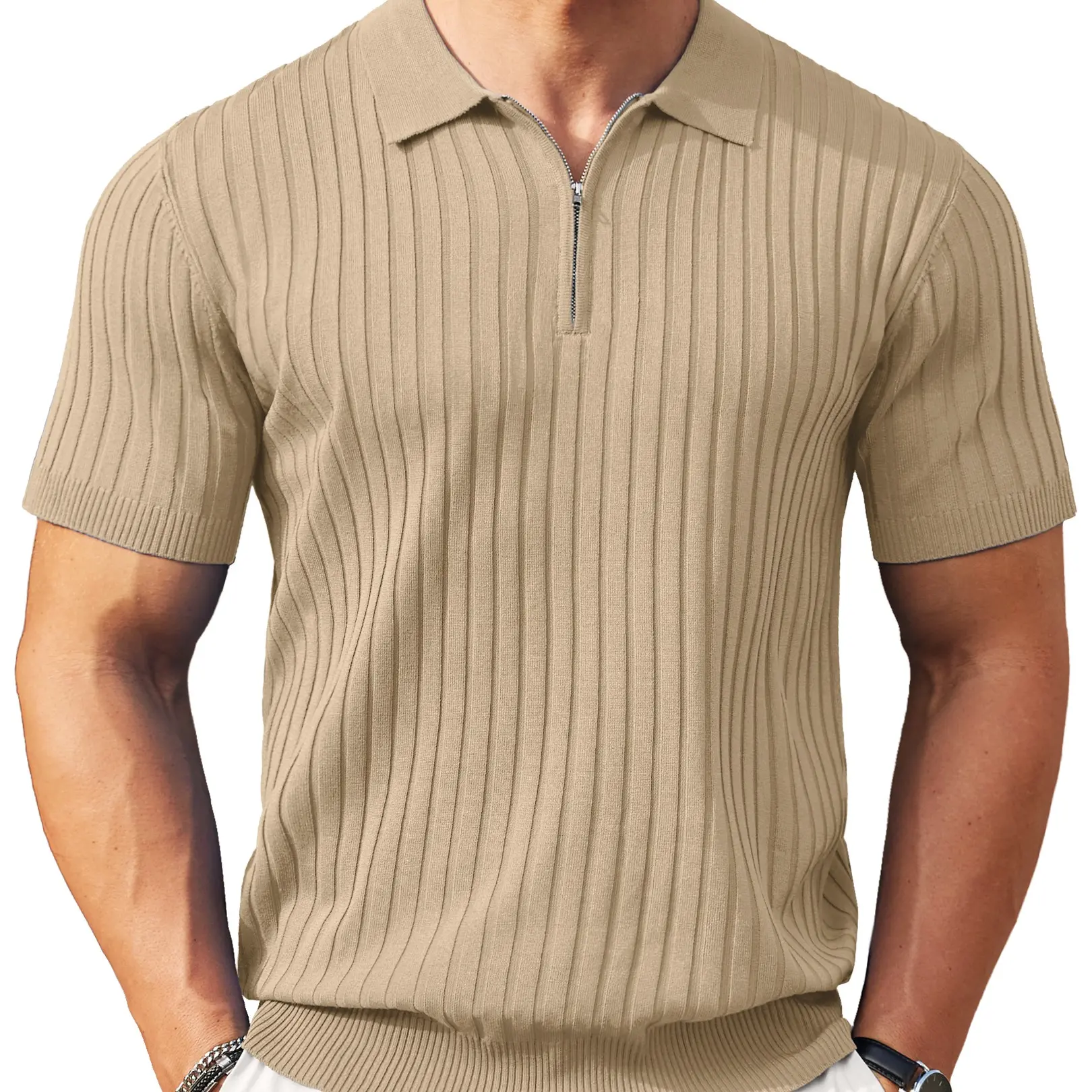 Men's Ribbed Knit Zip Polo Shirt 6-Pack | Premium Casual Summer Tops